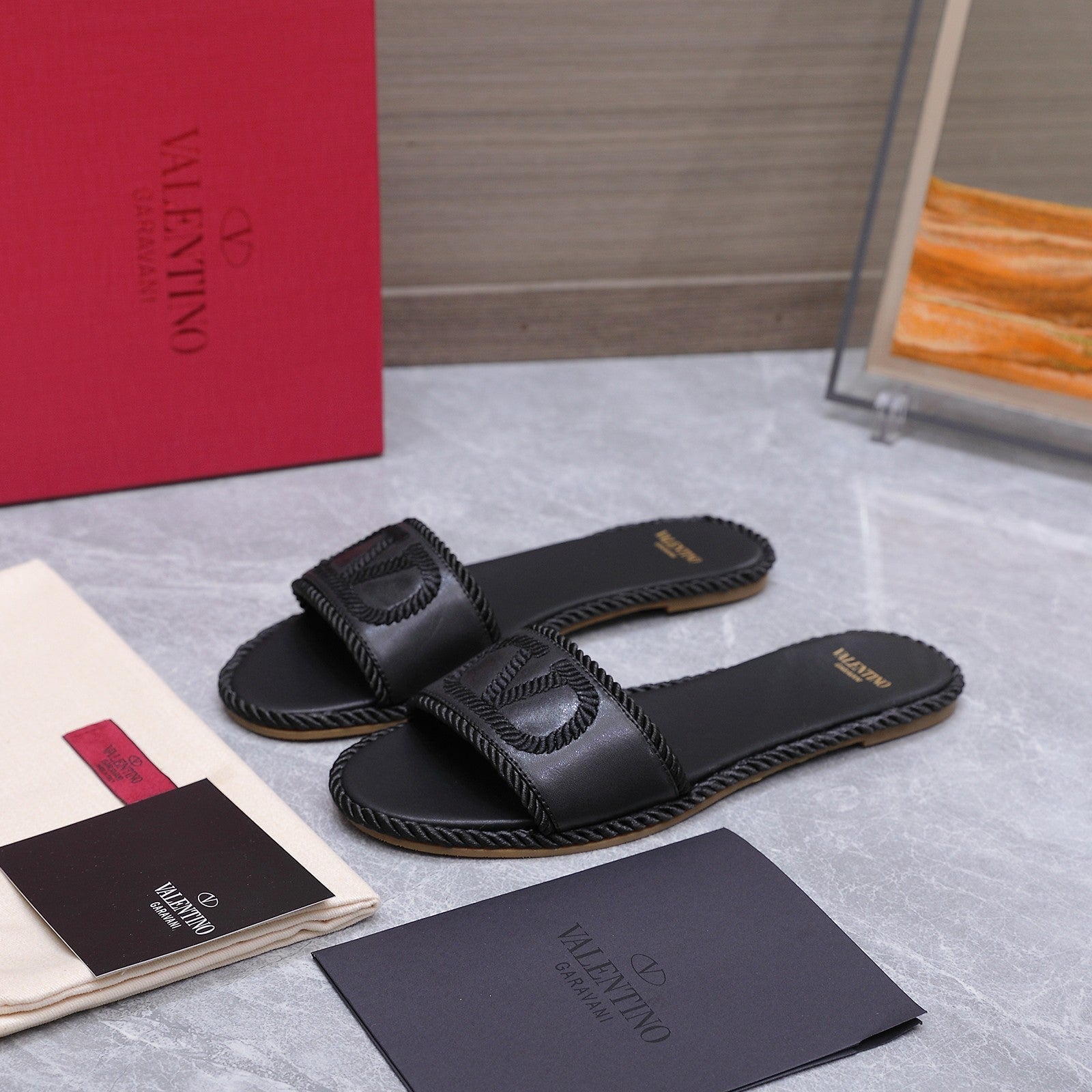 VLTN VLogo Torchon Flat Slides Black Leather 913086