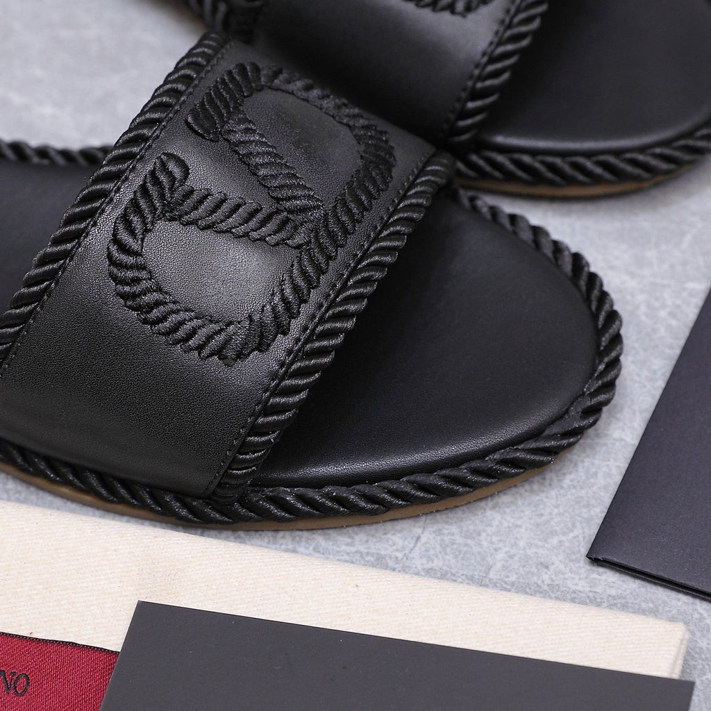 VLTN VLogo Torchon Flat Slides Black Leather 913086