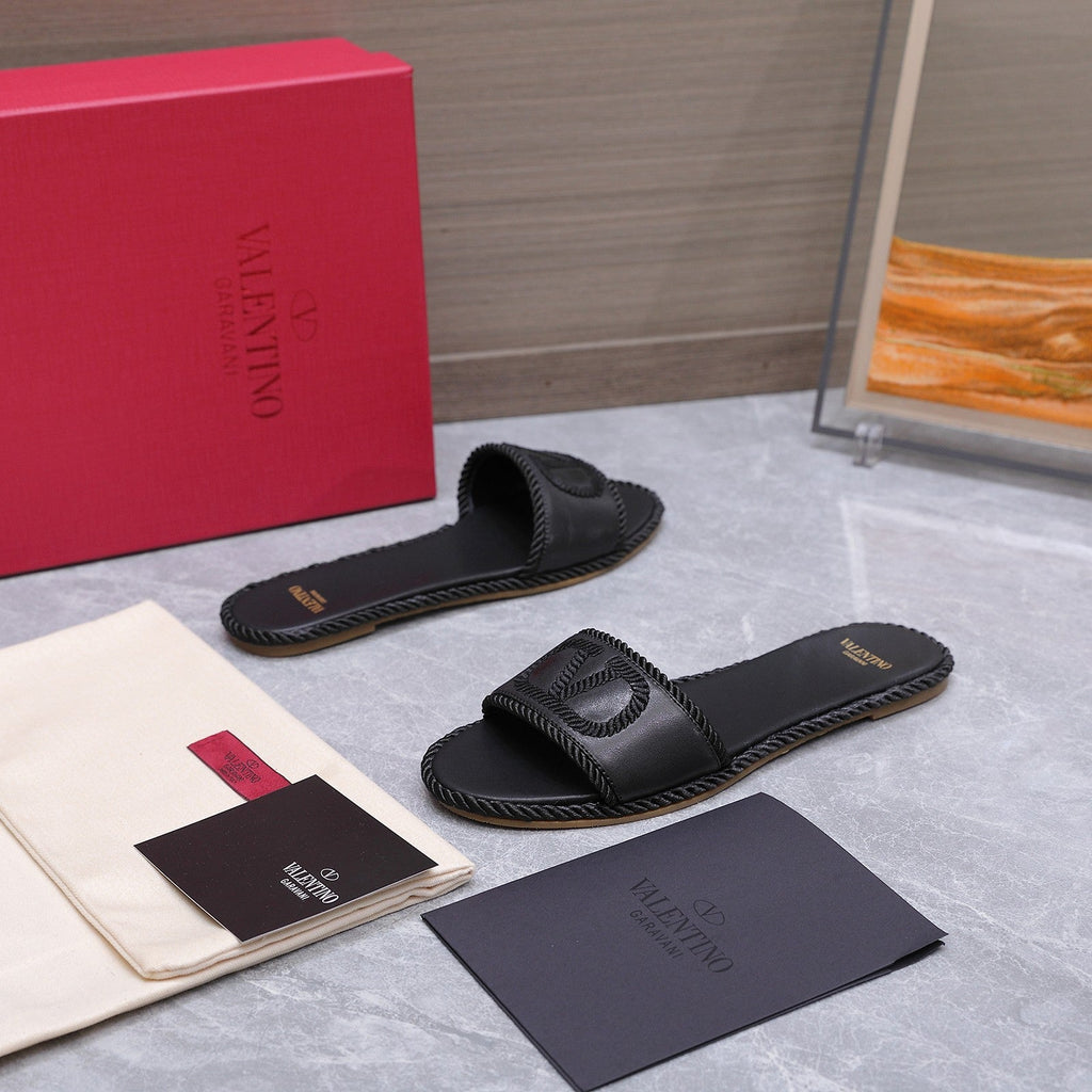 VLTN VLogo Torchon Flat Slides Black Leather 913086