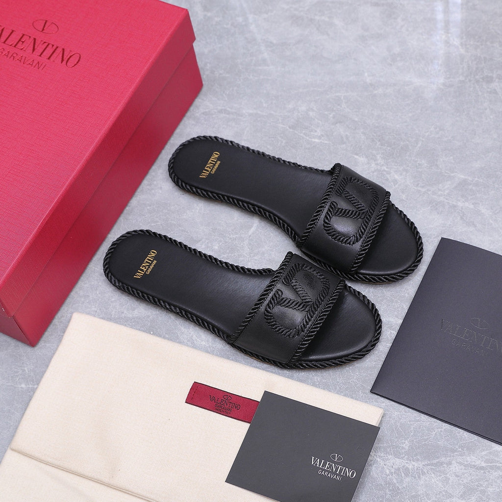 VLTN VLogo Torchon Flat Slides Black Leather 913086