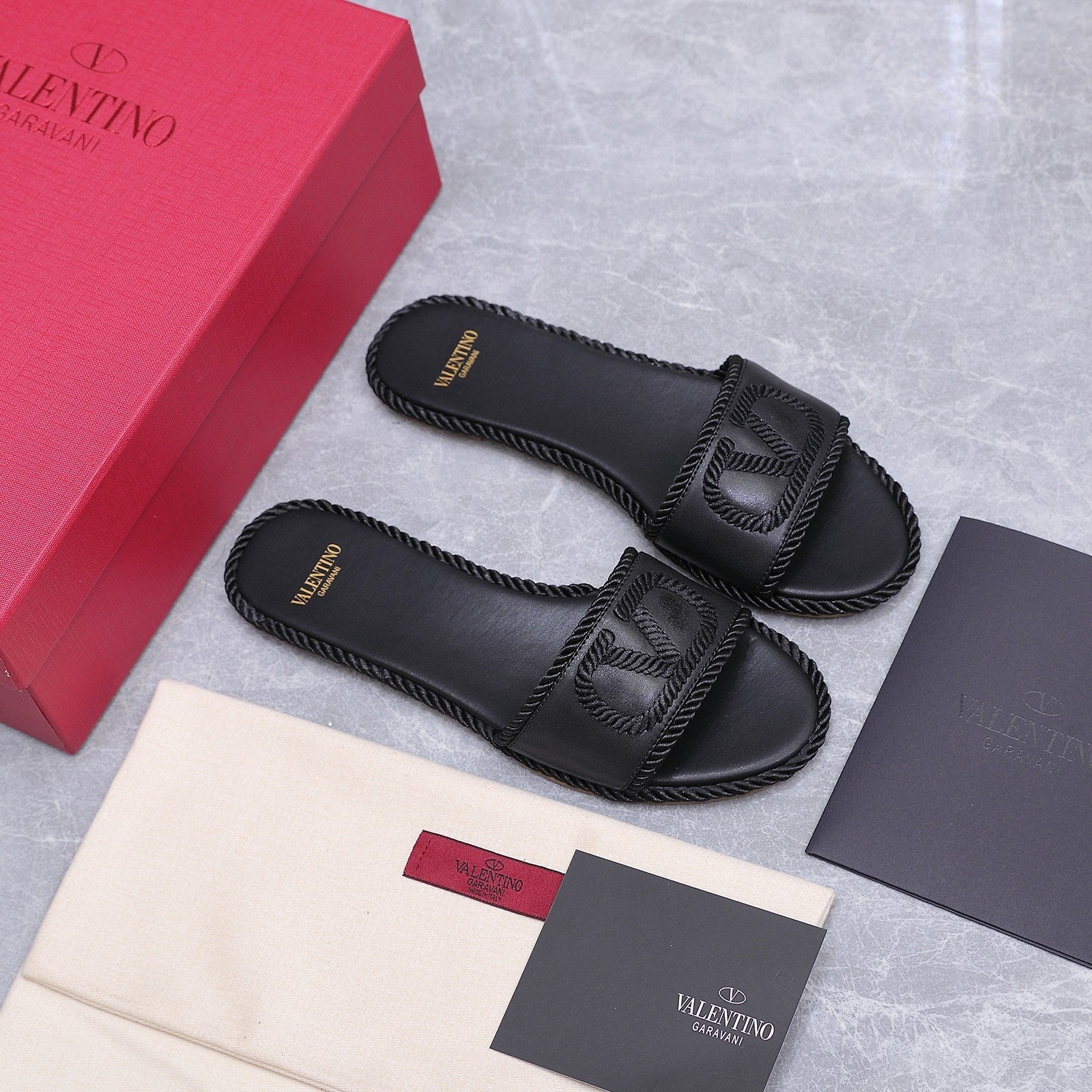 VLTN VLogo Torchon Flat Slides Black Leather 913086
