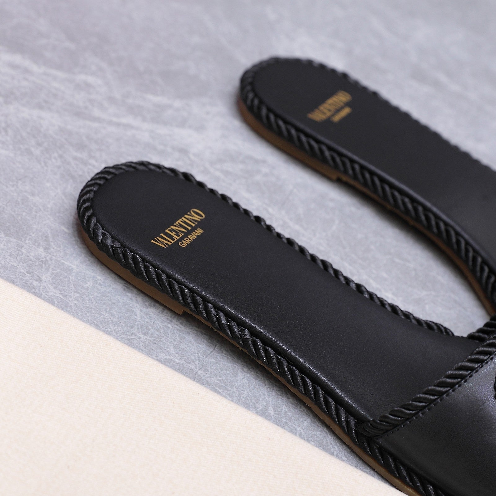 VLTN VLogo Torchon Flat Slides Black Leather 913086
