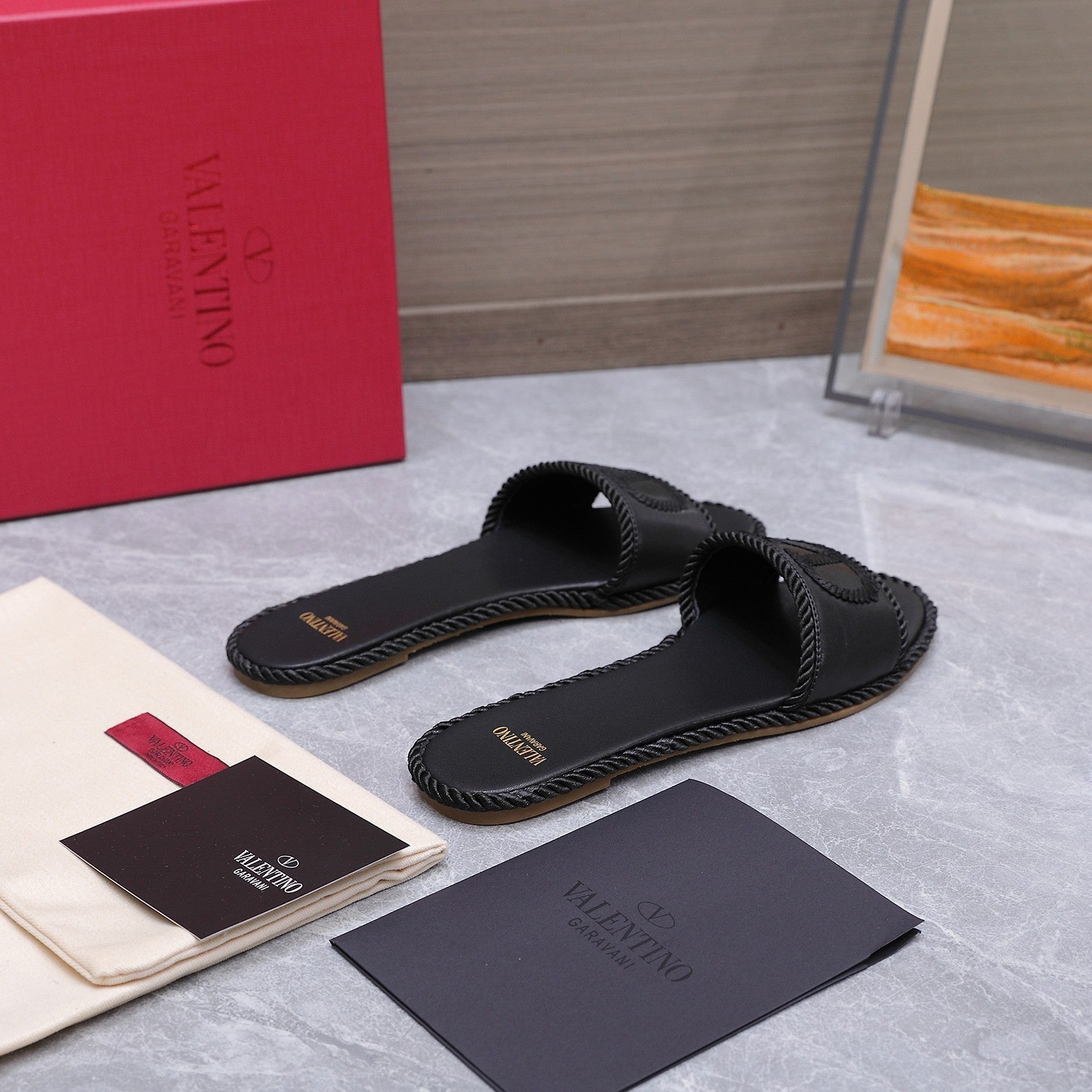VLTN VLogo Torchon Flat Slides Black Leather 913086