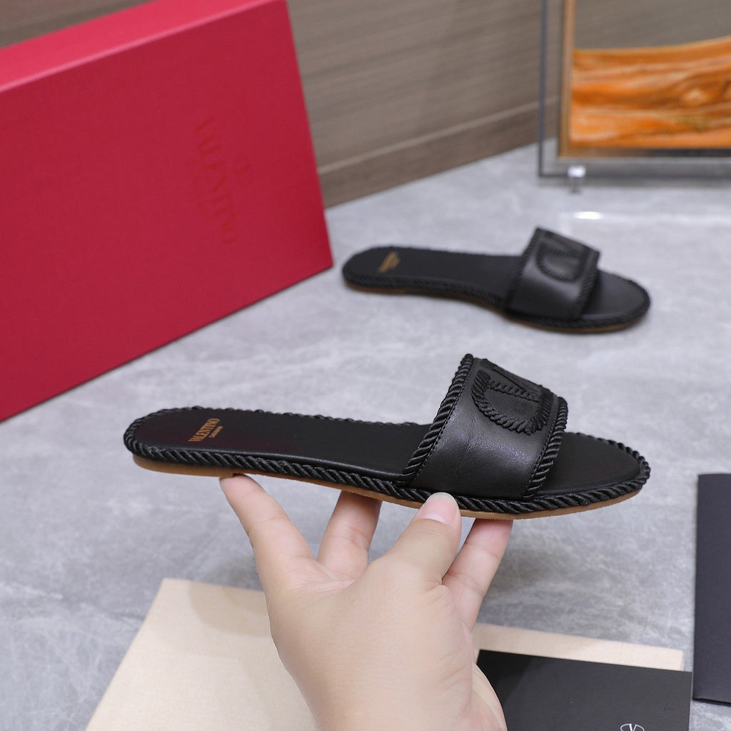 VLTN VLogo Torchon Flat Slides Black Leather 913086
