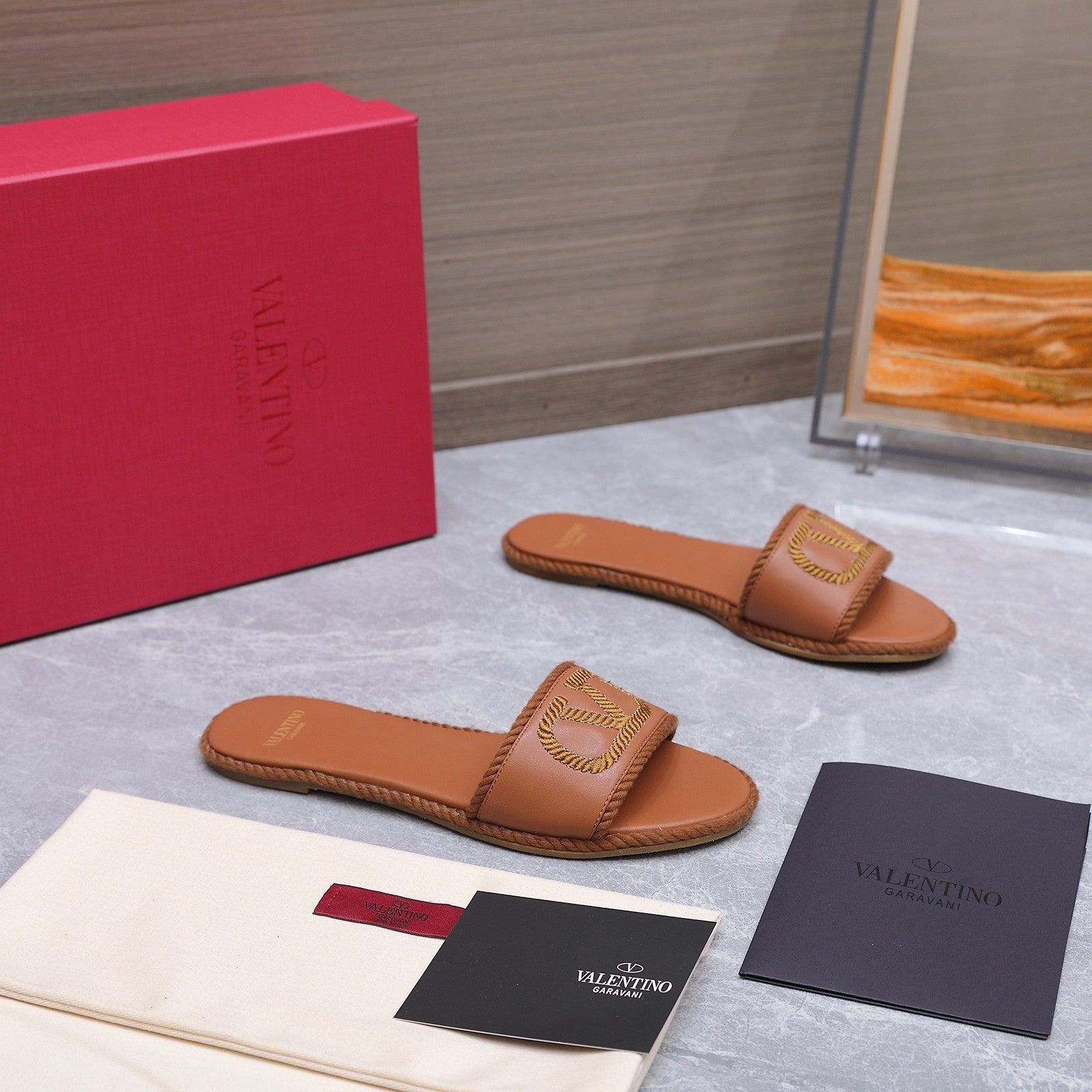 VLTN VLogo Torchon Flat Slides Brown Leather 913085