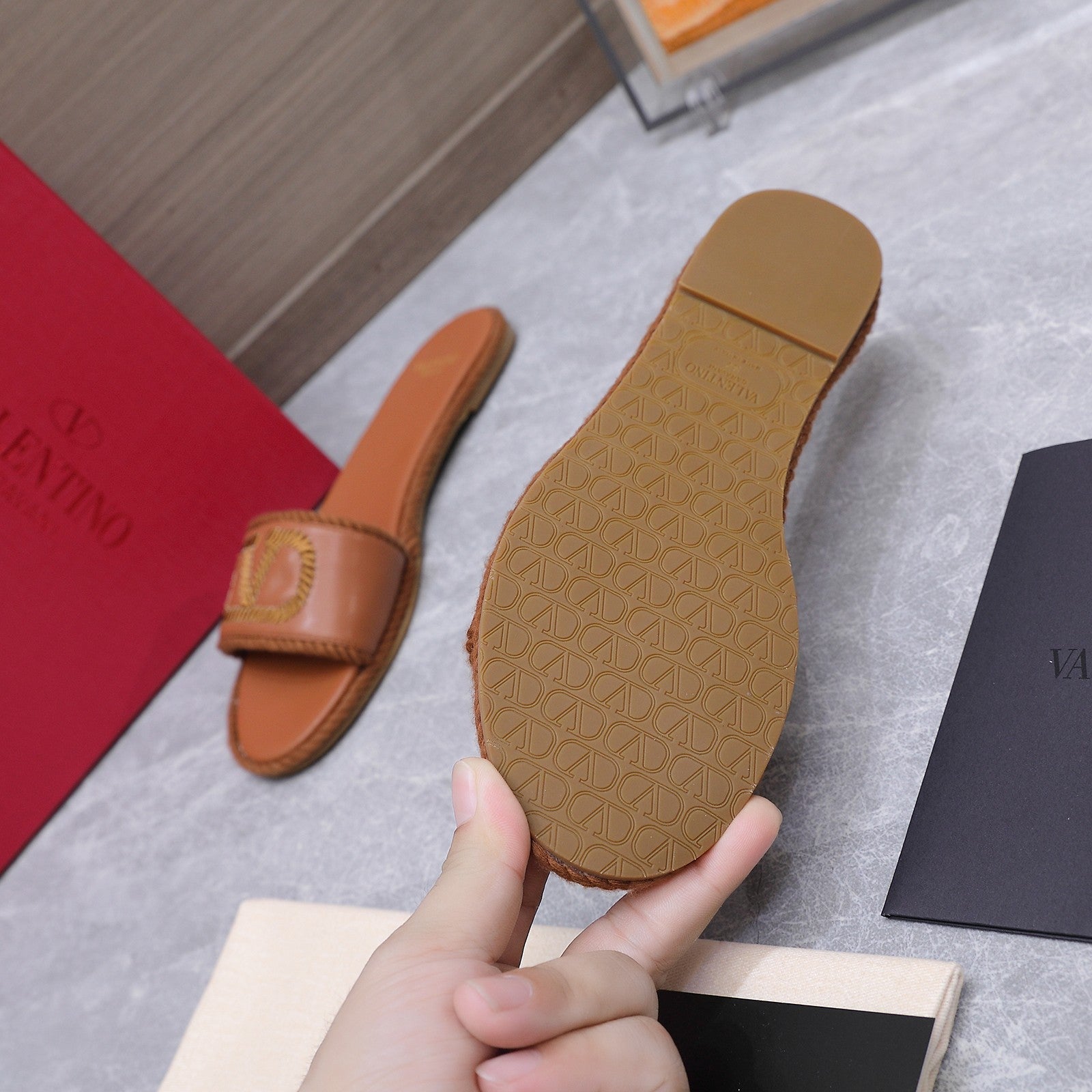 VLTN VLogo Torchon Flat Slides Brown Leather 913085