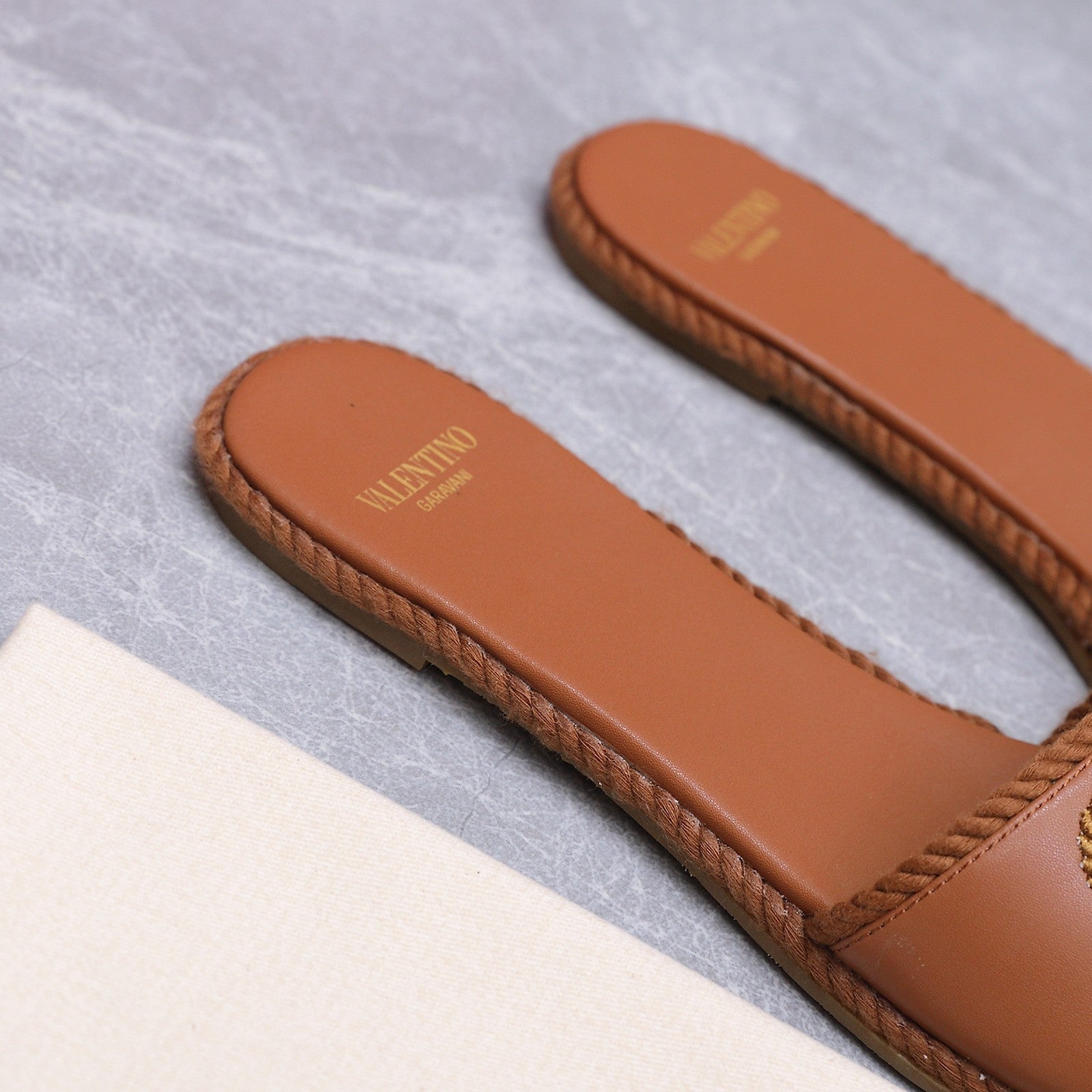 VLTN VLogo Torchon Flat Slides Brown Leather 913085