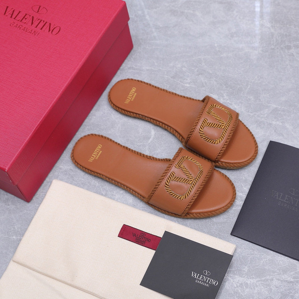 VLTN VLogo Torchon Flat Slides Brown Leather 913085
