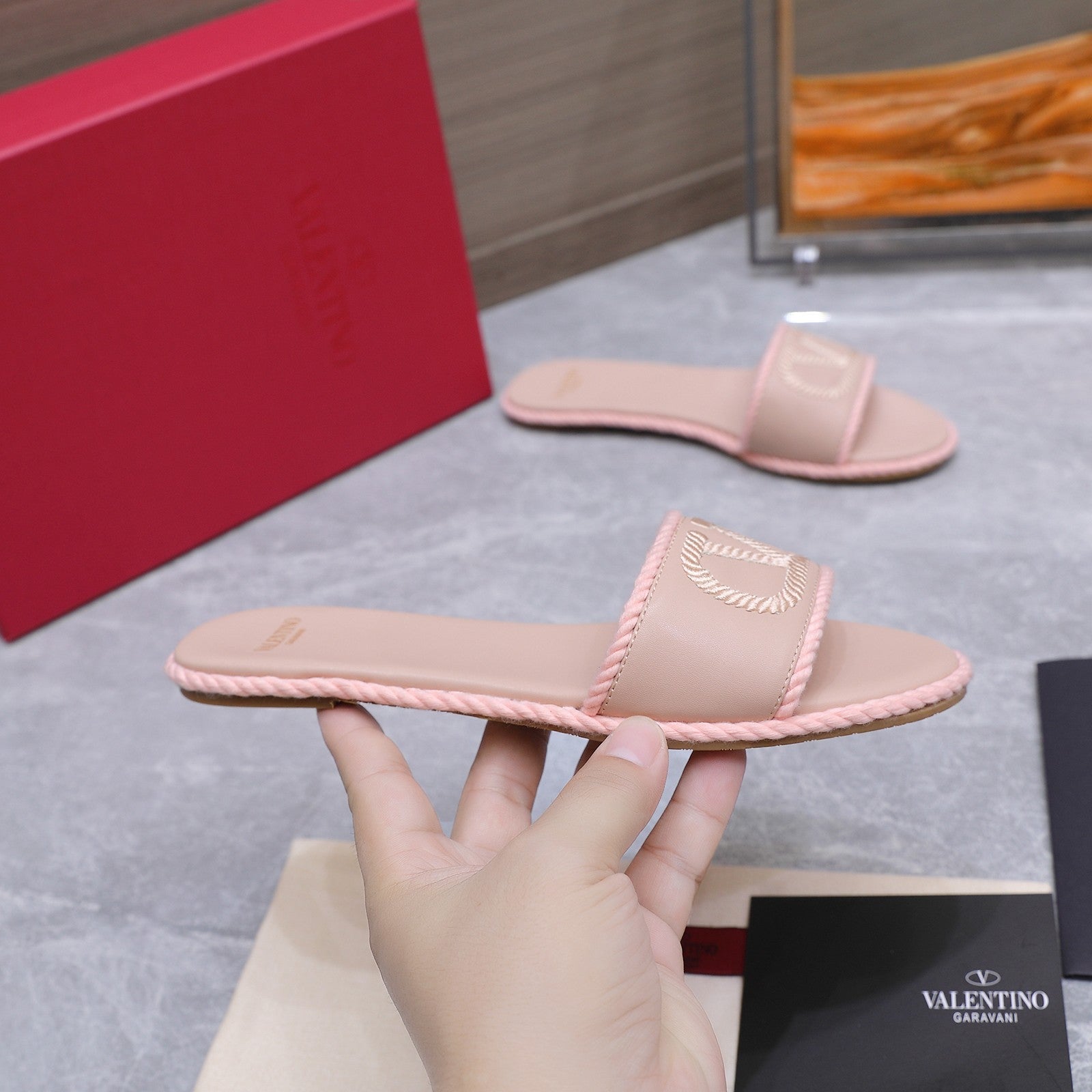VLTN VLogo Torchon Flat Slides Light Pink Leather 913084