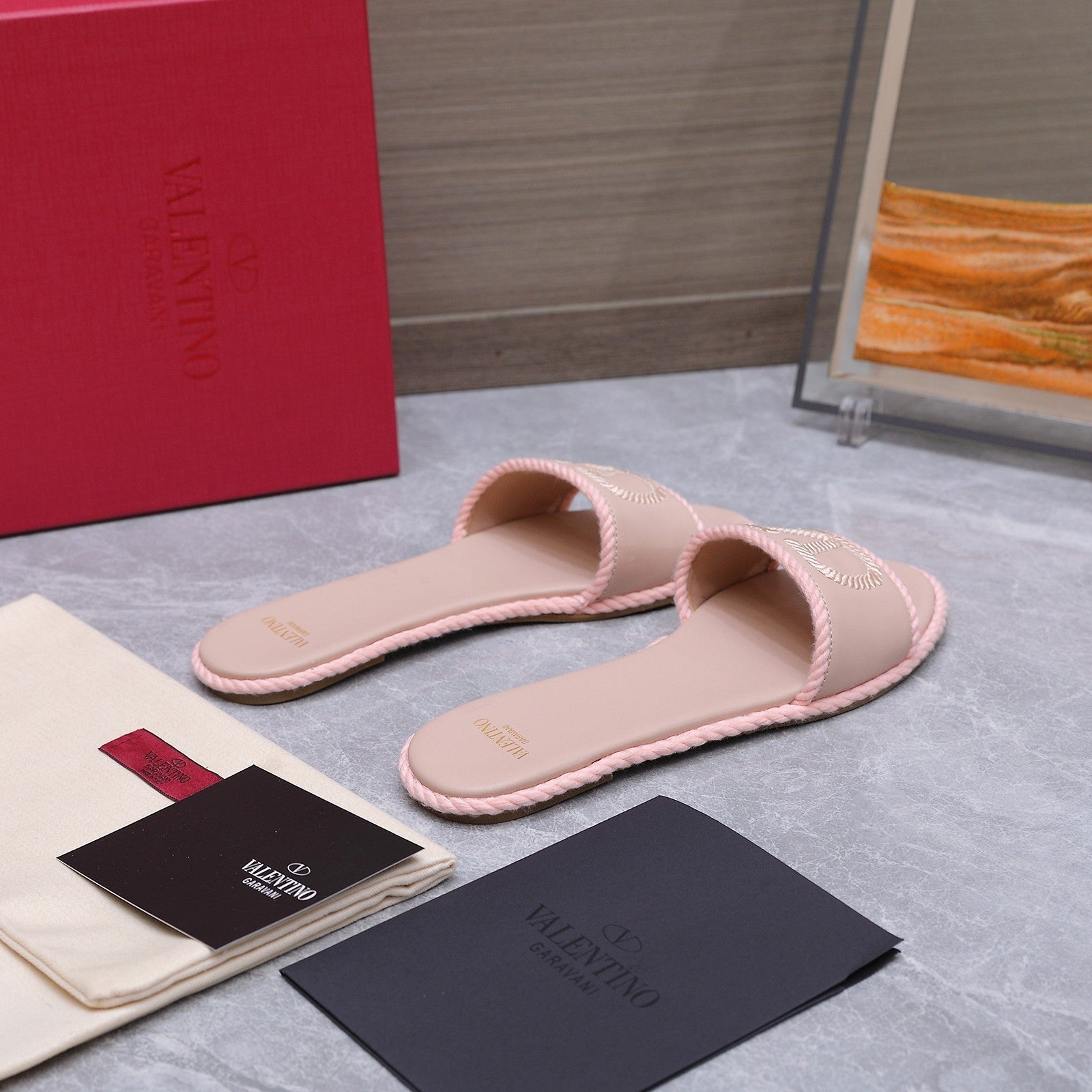 VLTN VLogo Torchon Flat Slides Light Pink Leather 913084