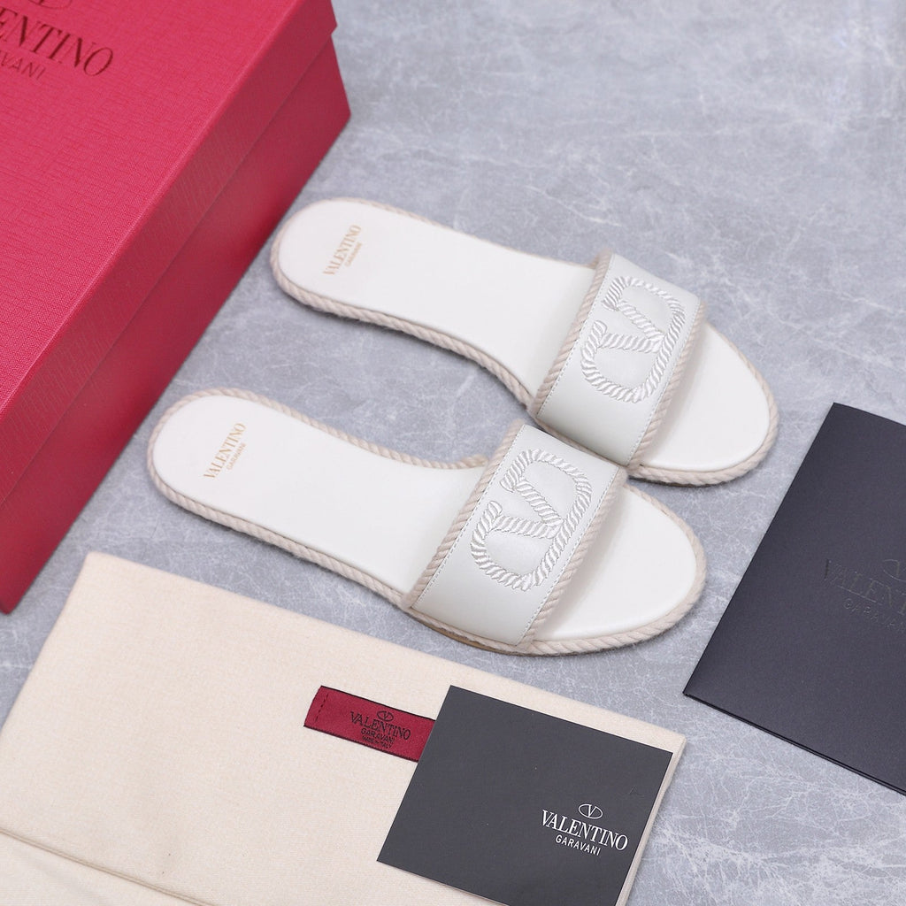 VLTN VLogo Torchon Flat Slides White Leather 913082