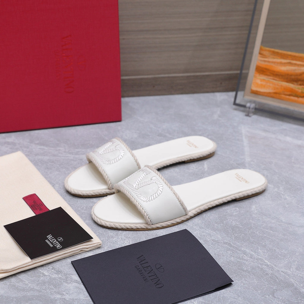 VLTN VLogo Torchon Flat Slides White Leather 913082