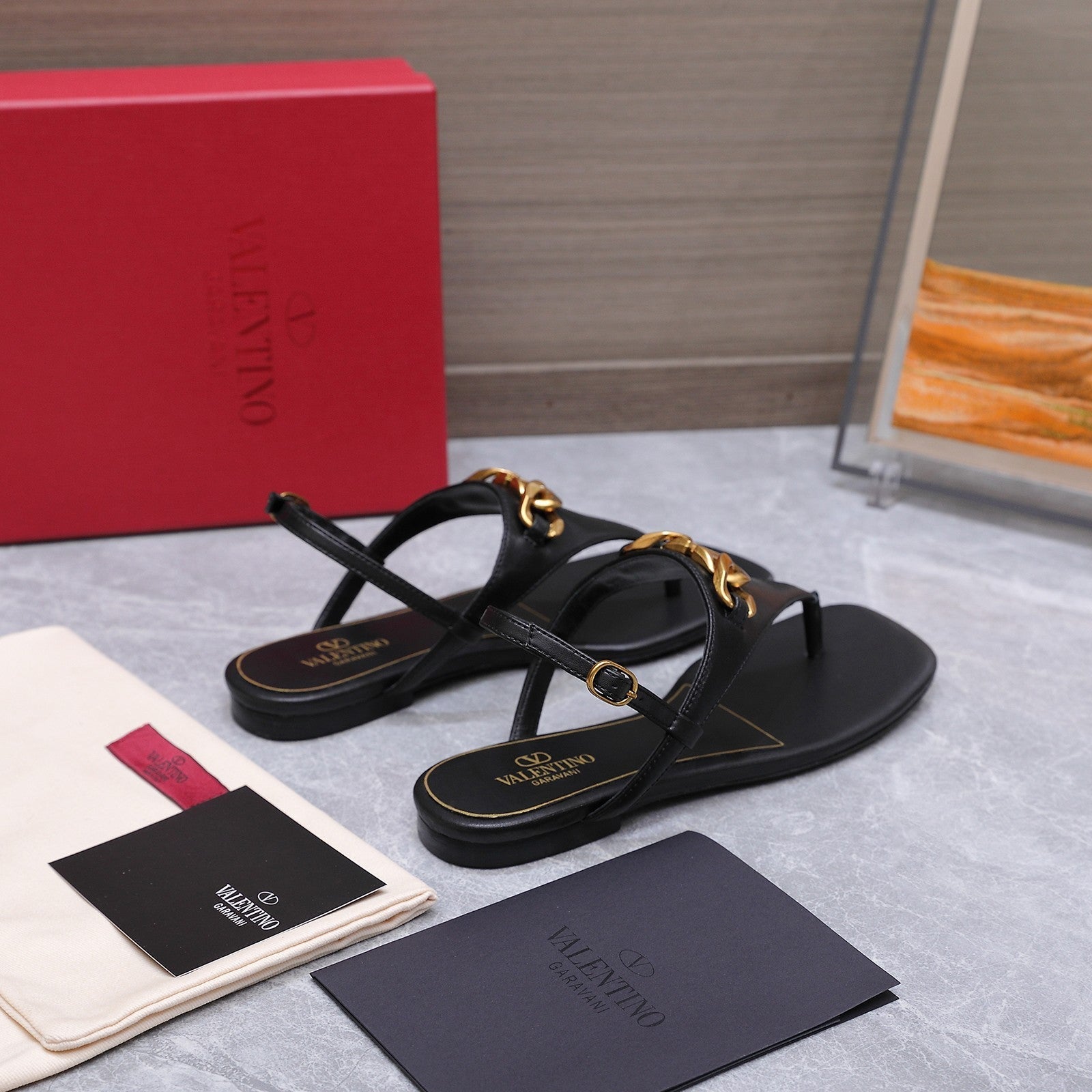 VLTN VLogo Chain Thong Slingback Sandals Black Leather 913081