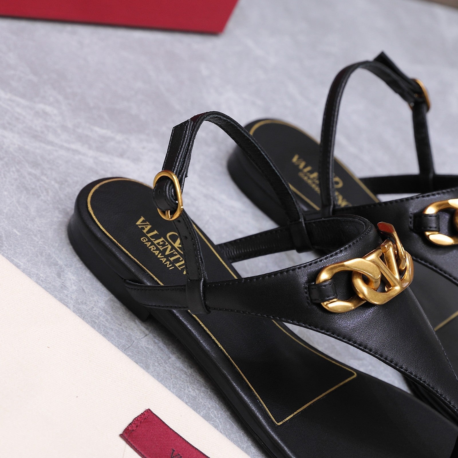 VLTN VLogo Chain Thong Slingback Sandals Black Leather 913081