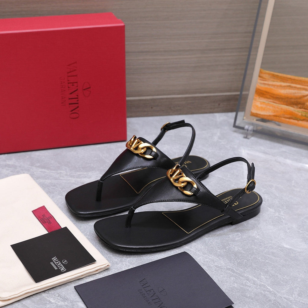 VLTN VLogo Chain Thong Slingback Sandals Black Leather 913081