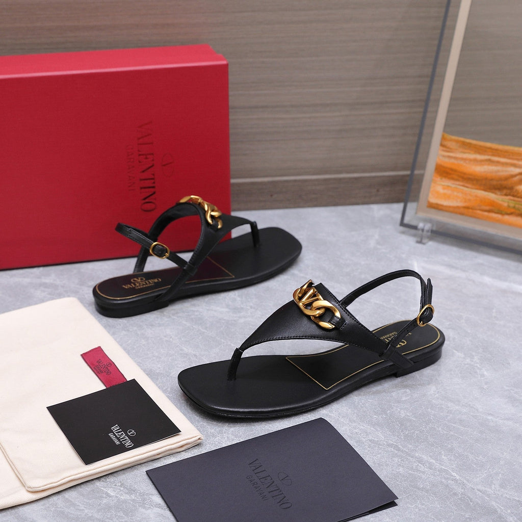 VLTN VLogo Chain Thong Slingback Sandals Black Leather 913081