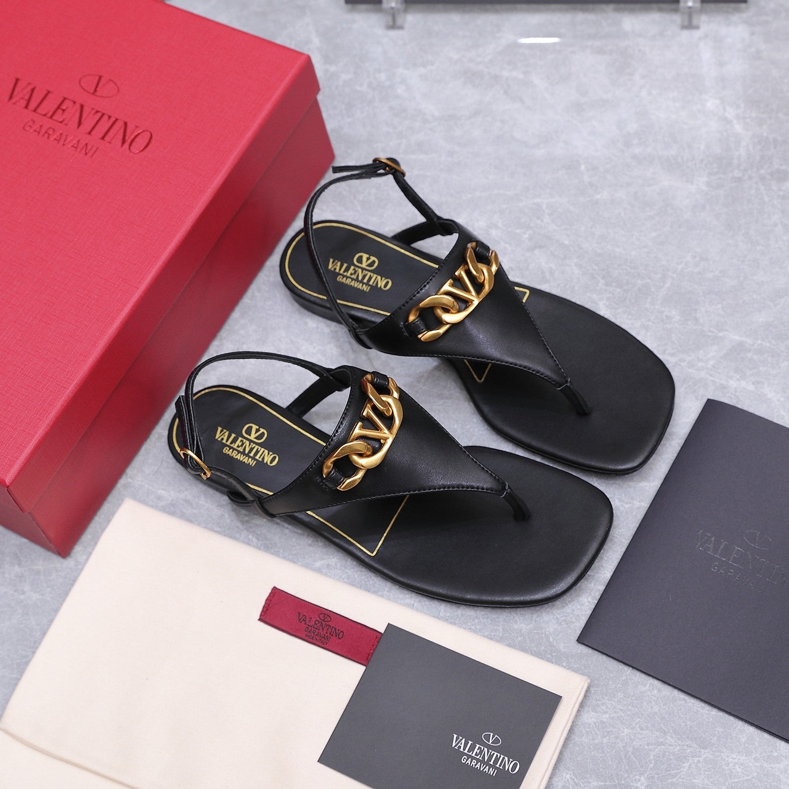 VLTN VLogo Chain Thong Slingback Sandals Black Leather 913081