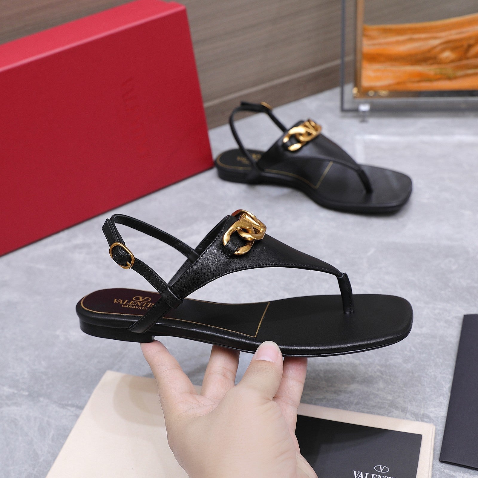 VLTN VLogo Chain Thong Slingback Sandals Black Leather 913081