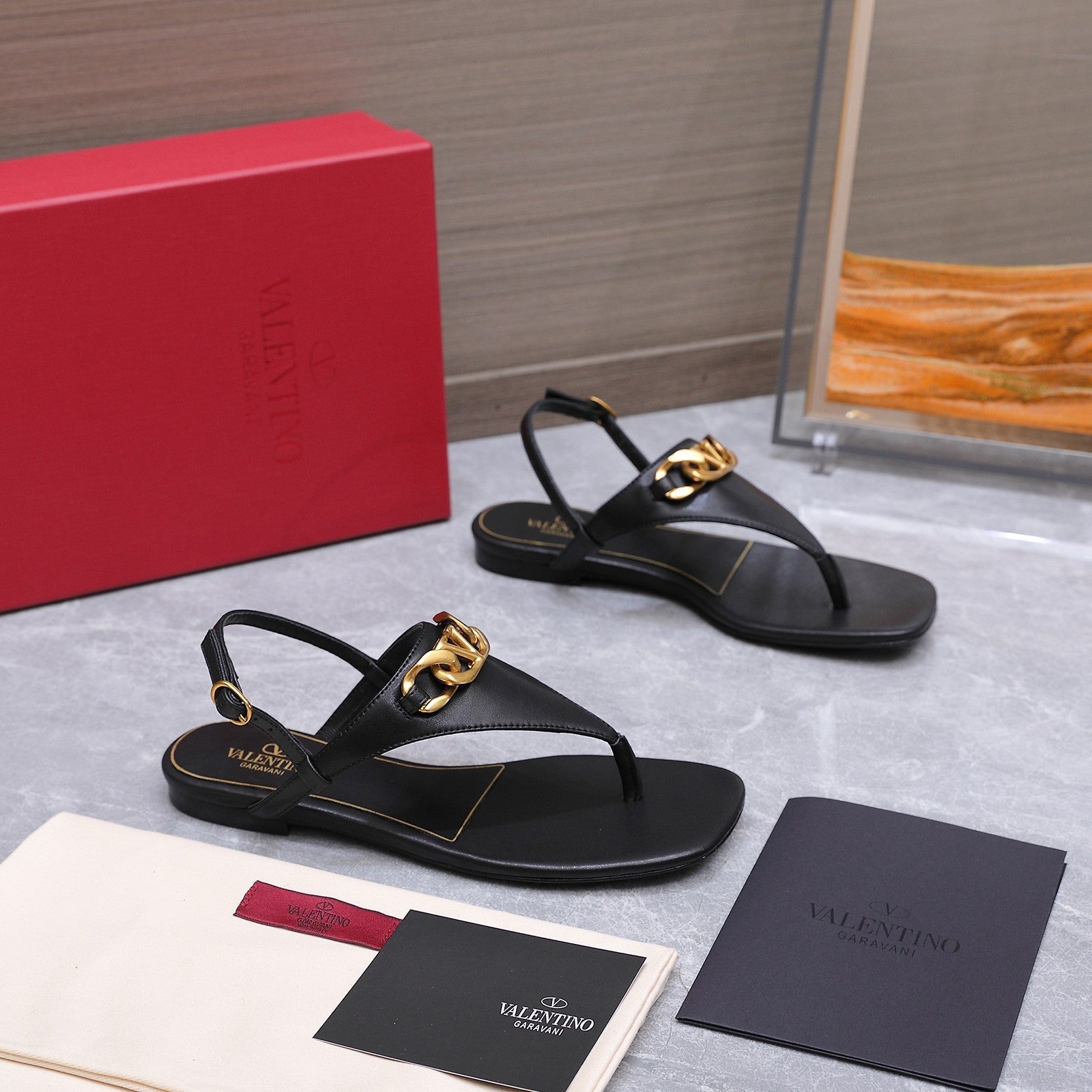 VLTN VLogo Chain Thong Slingback Sandals Black Leather 913081