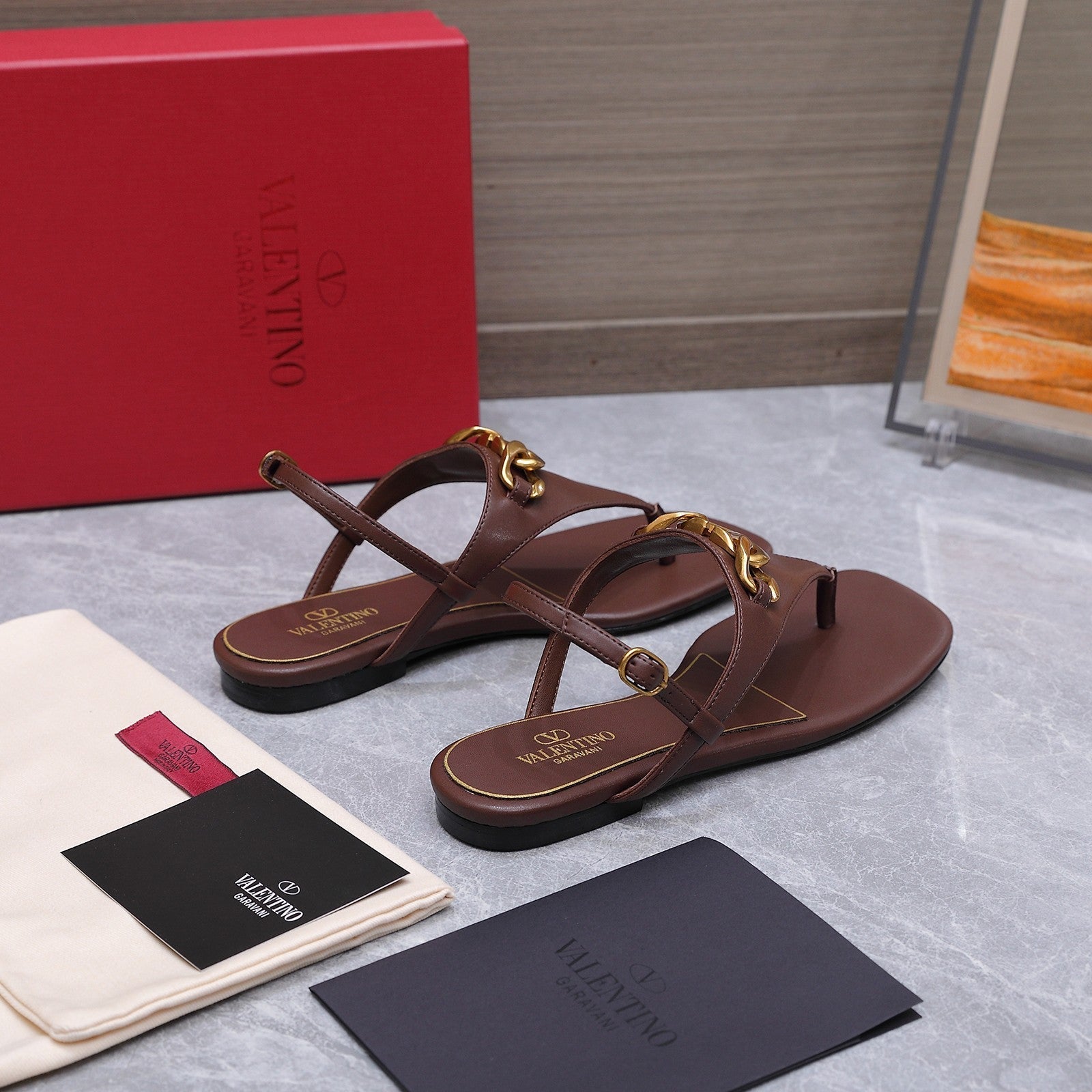 VLTN VLogo Chain Thong Slingback Sandals Dark Brown Leather 913080