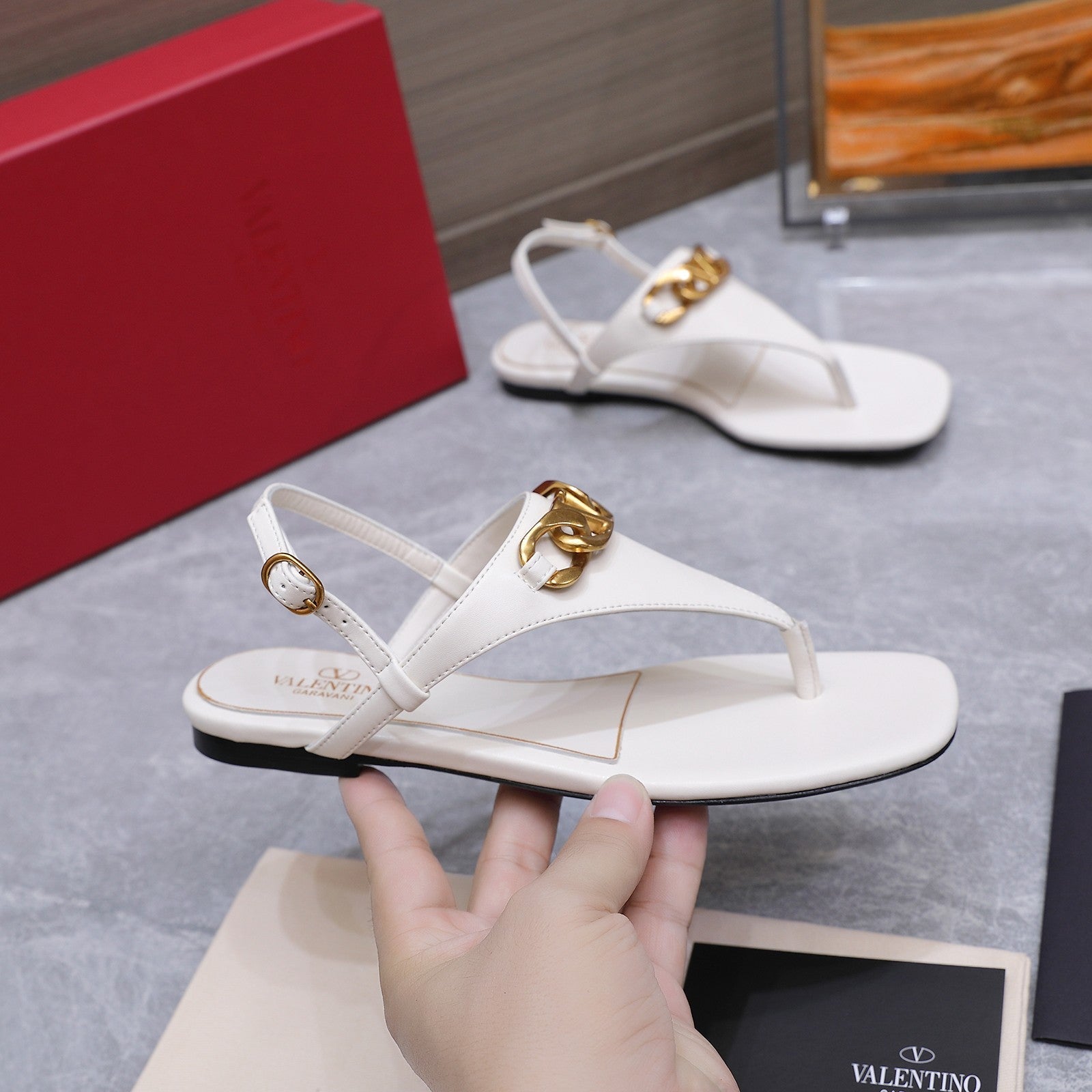 VLTN VLogo Chain Thong Slingback Sandals White Leather 913080