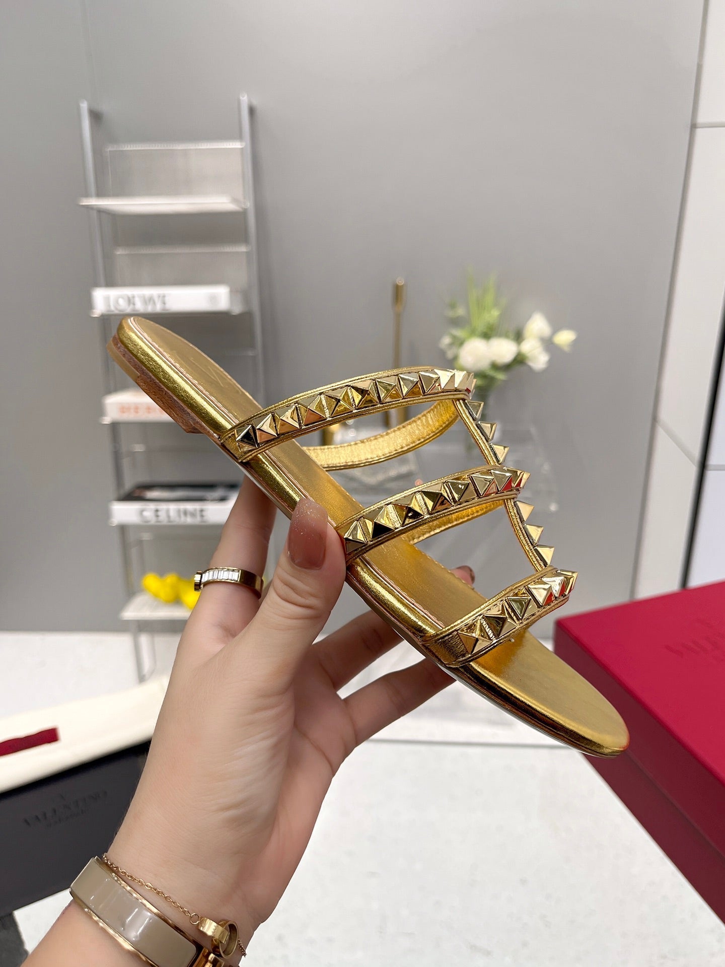 VT 26s Rockstud Flat Sandals Gold Sheepskin