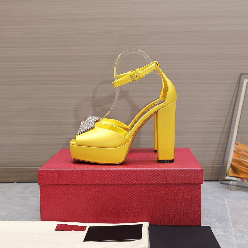 Open Toe Pump With One Stud Diamond Patent Yellow Leather 130MM