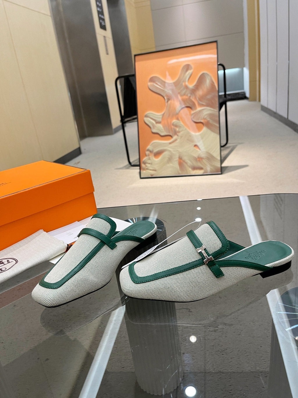 HERMES GROUPIE MULE OCEAN MIX SILVER LAMBSKIN