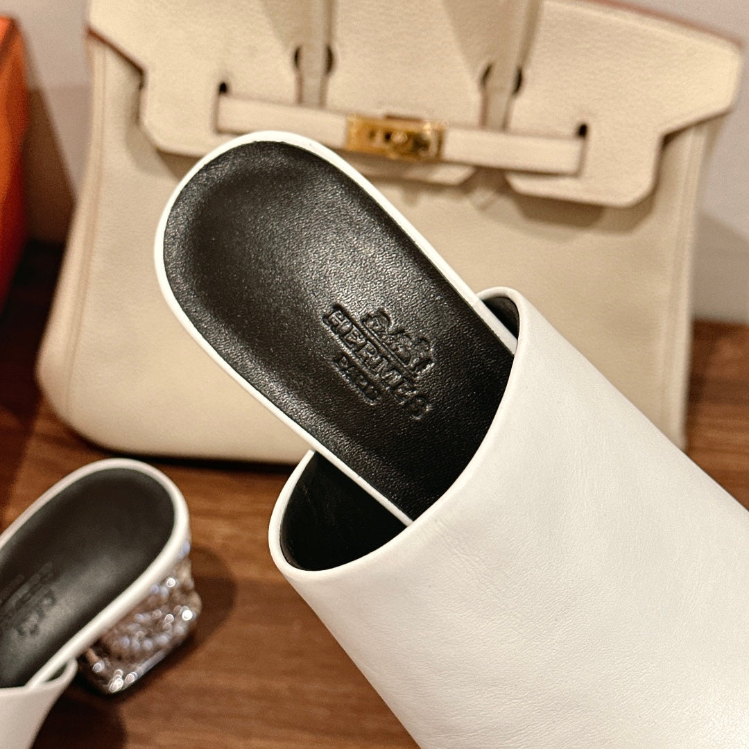HERMES GLAM MULE 60 WHITE LAMBSKIN