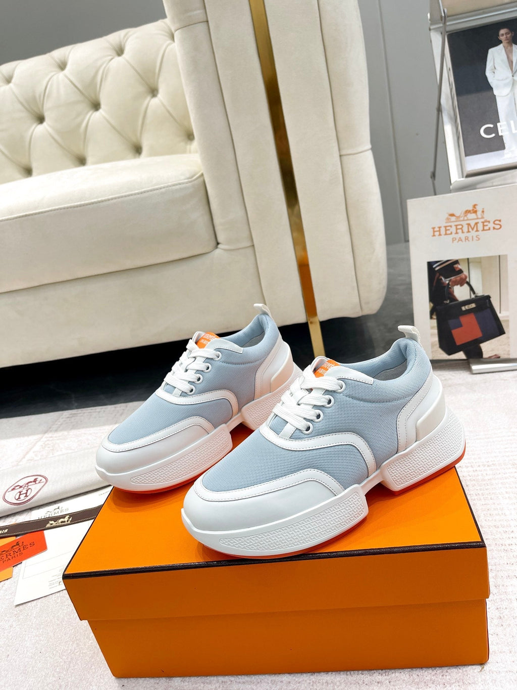 HERMES GIGA SNEAKER IN POWDER BLUE STITCHED MESH AND WHITE CALFSKIN