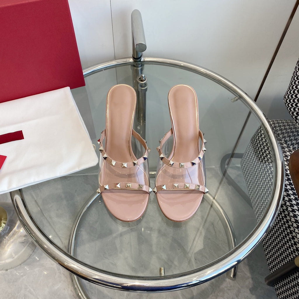 80mm Rockstud Patent Rose Cannelle Leather Mules Transparent