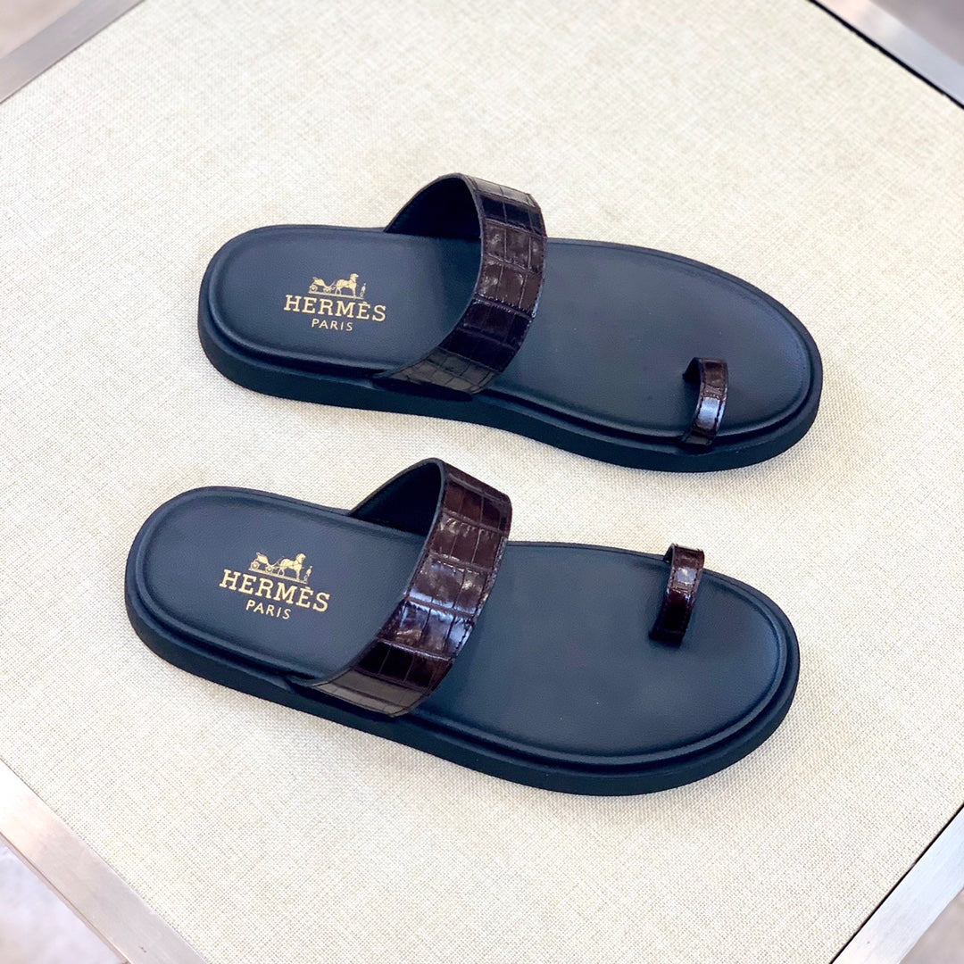 HM Men's Open-toe Sandals Brown Rubber Sheepskin 561659