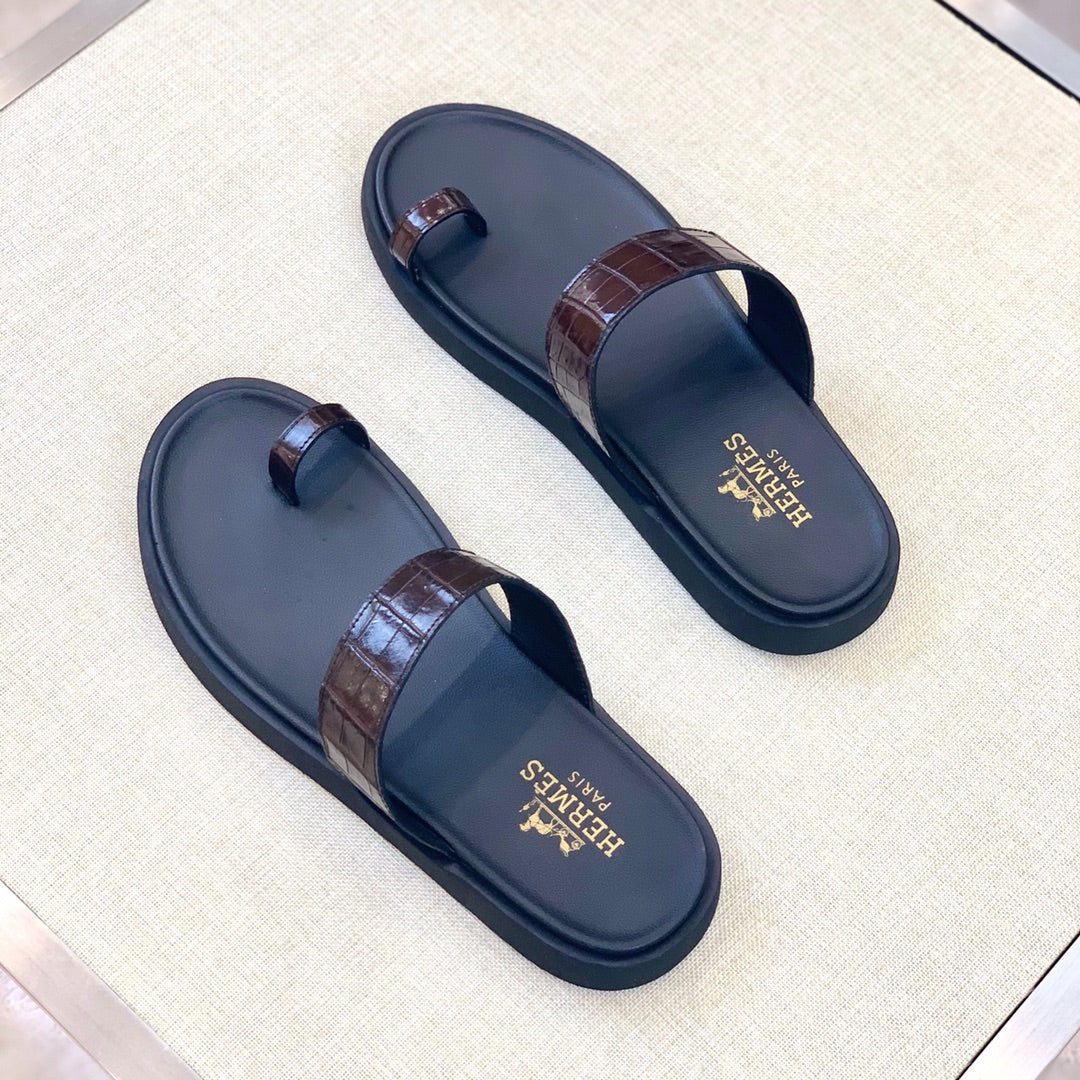 HM Men's Open-toe Sandals Brown Rubber Sheepskin 561659