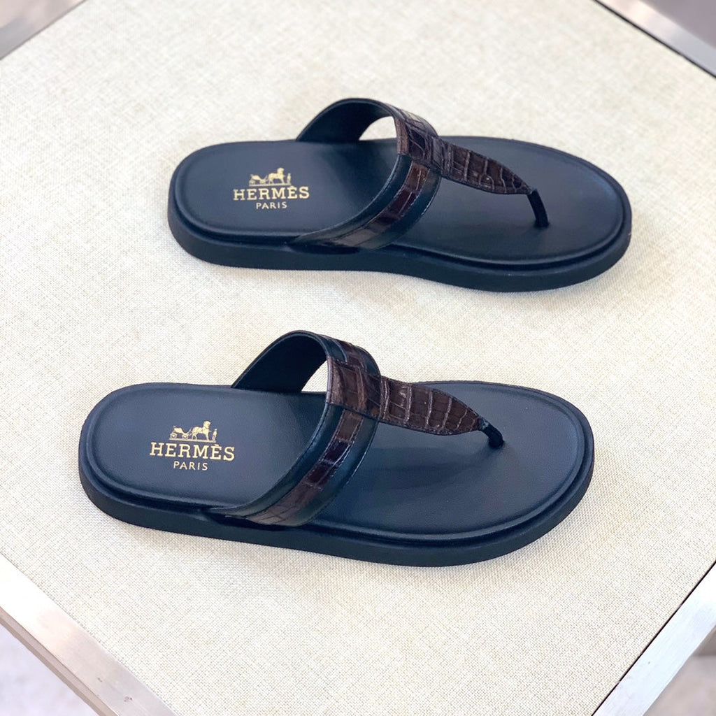 HM Men's Thong Sandals Brown Black Rubber Sheepskin 561666
