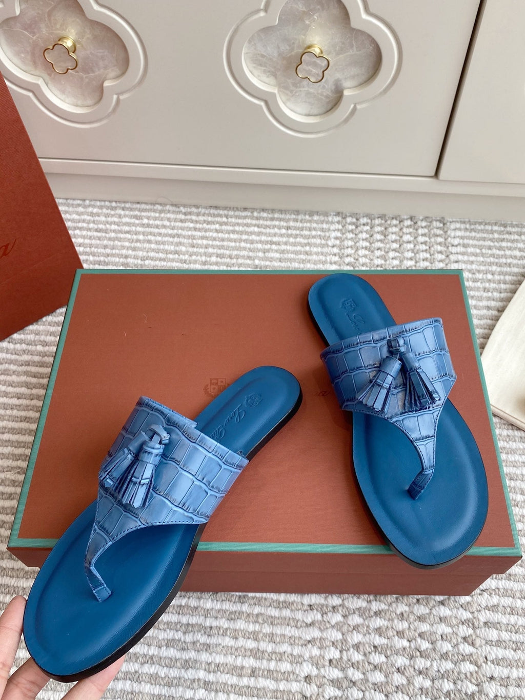 LP Flip Flops In Blue Lambskin Snake Embossing