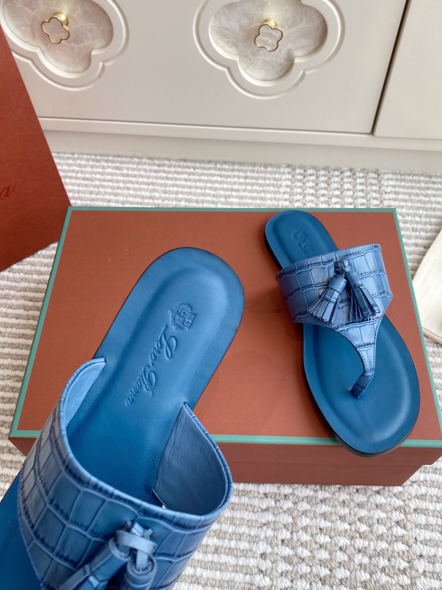 LP Flip Flops In Blue Lambskin Snake Embossing