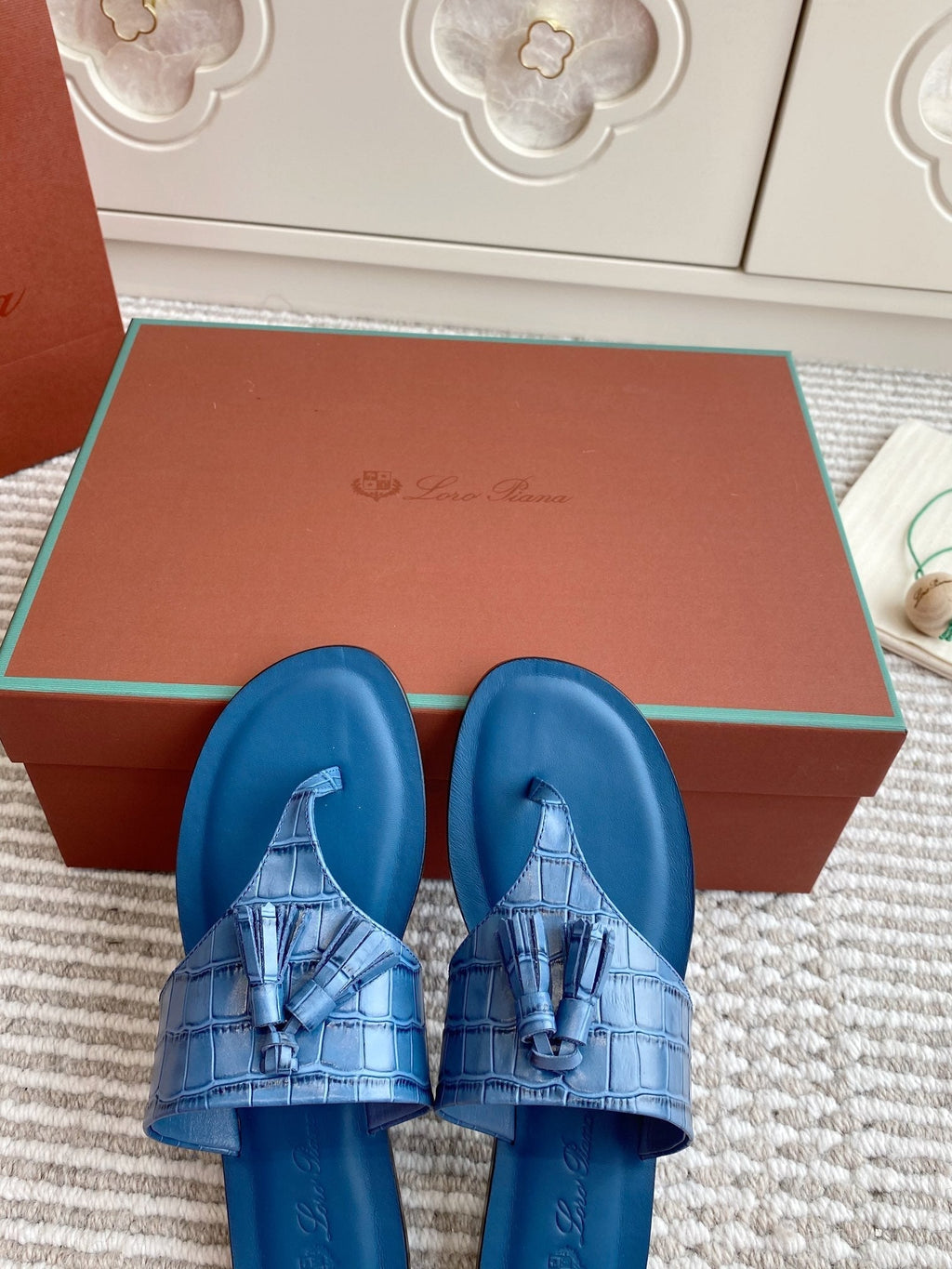 LP Flip Flops In Blue Lambskin Snake Embossing