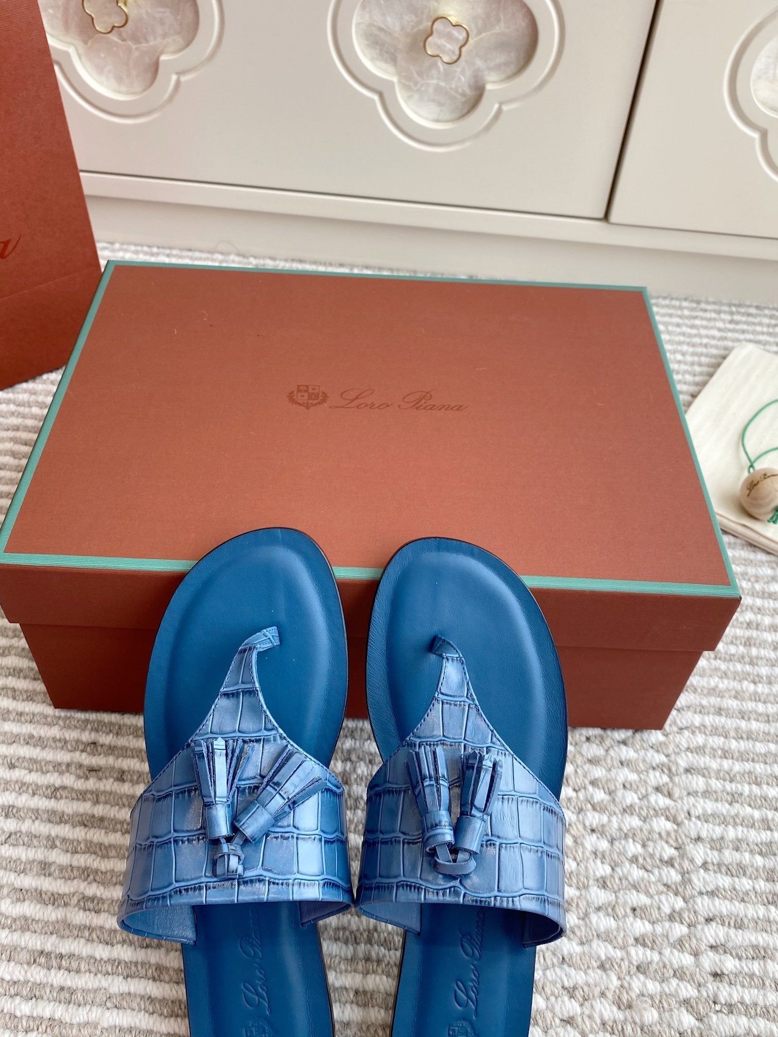 LP Flip Flops In Blue Lambskin Snake Embossing