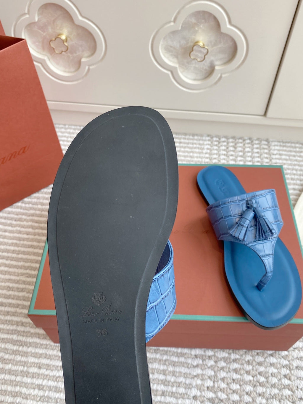 LP Flip Flops In Blue Lambskin Snake Embossing
