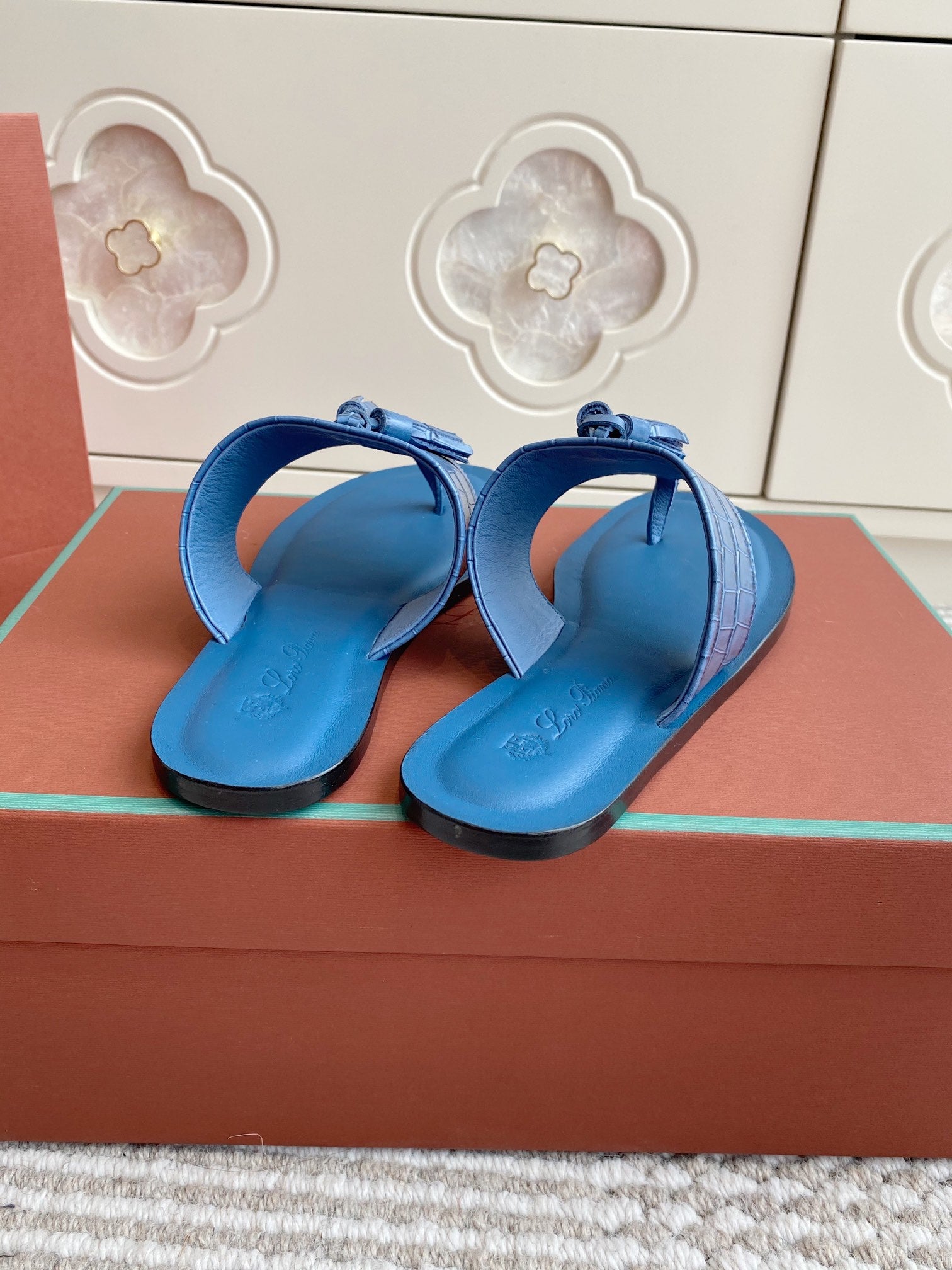 LP Flip Flops In Blue Lambskin Snake Embossing