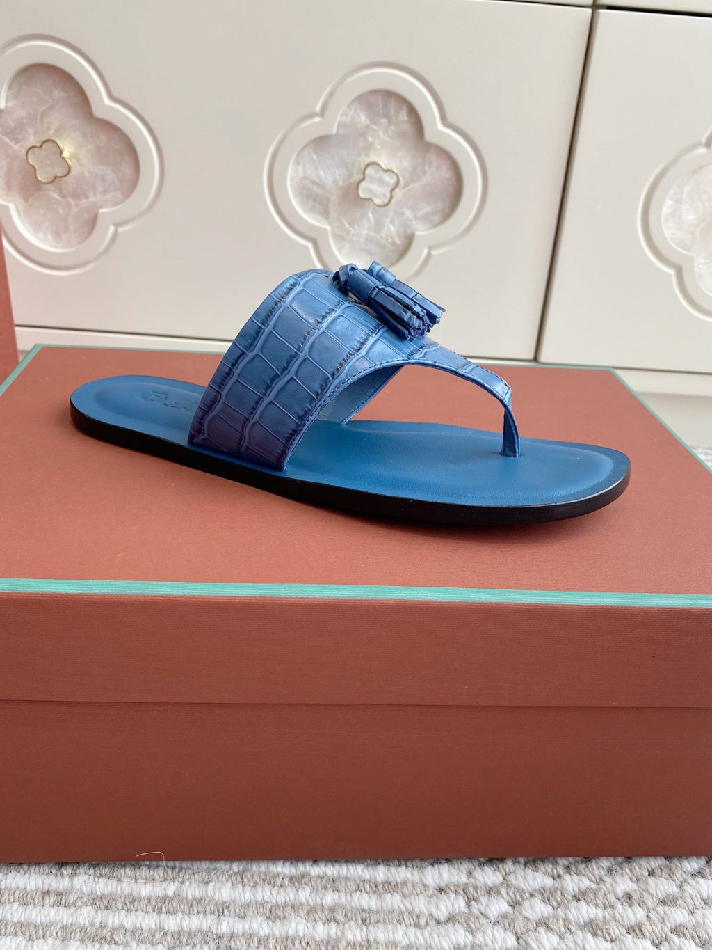 LP Flip Flops In Blue Lambskin Snake Embossing