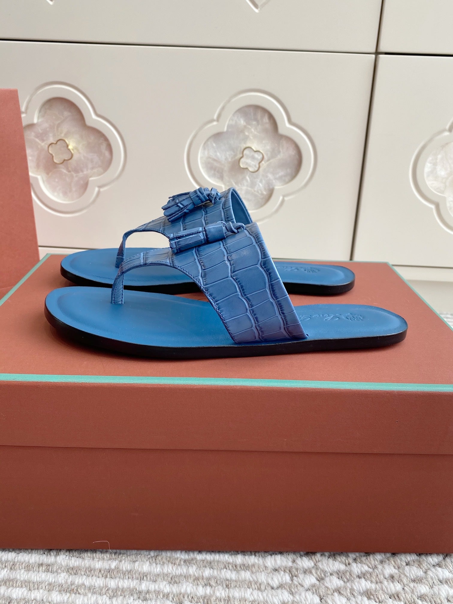 LP Flip Flops In Blue Lambskin Snake Embossing
