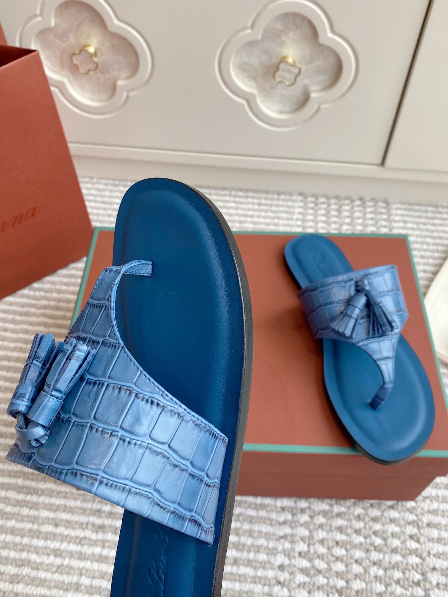 LP Flip Flops In Blue Lambskin Snake Embossing