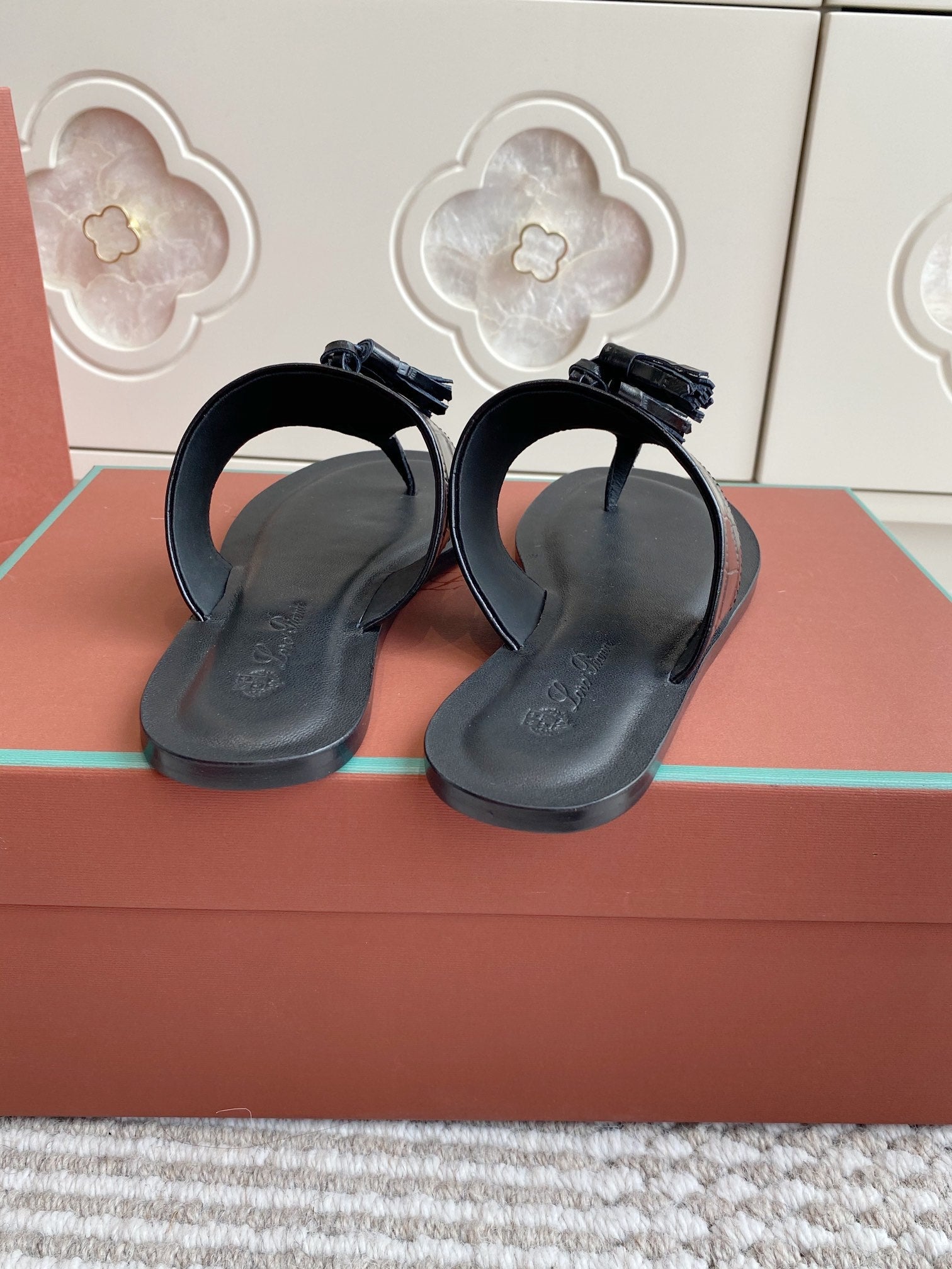 LP Flip Flops In Black Lambskin Snake Embossing