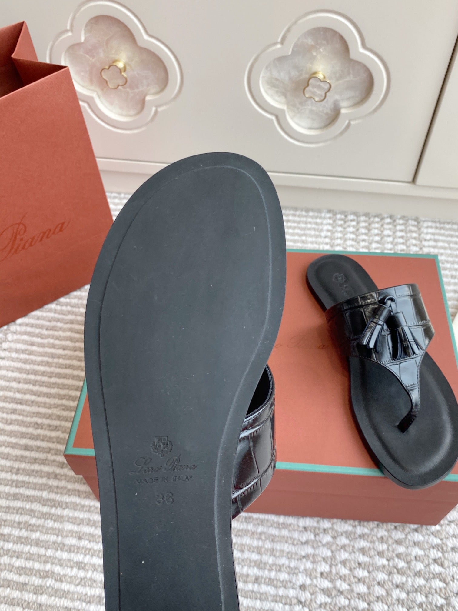 LP Flip Flops In Black Lambskin Snake Embossing