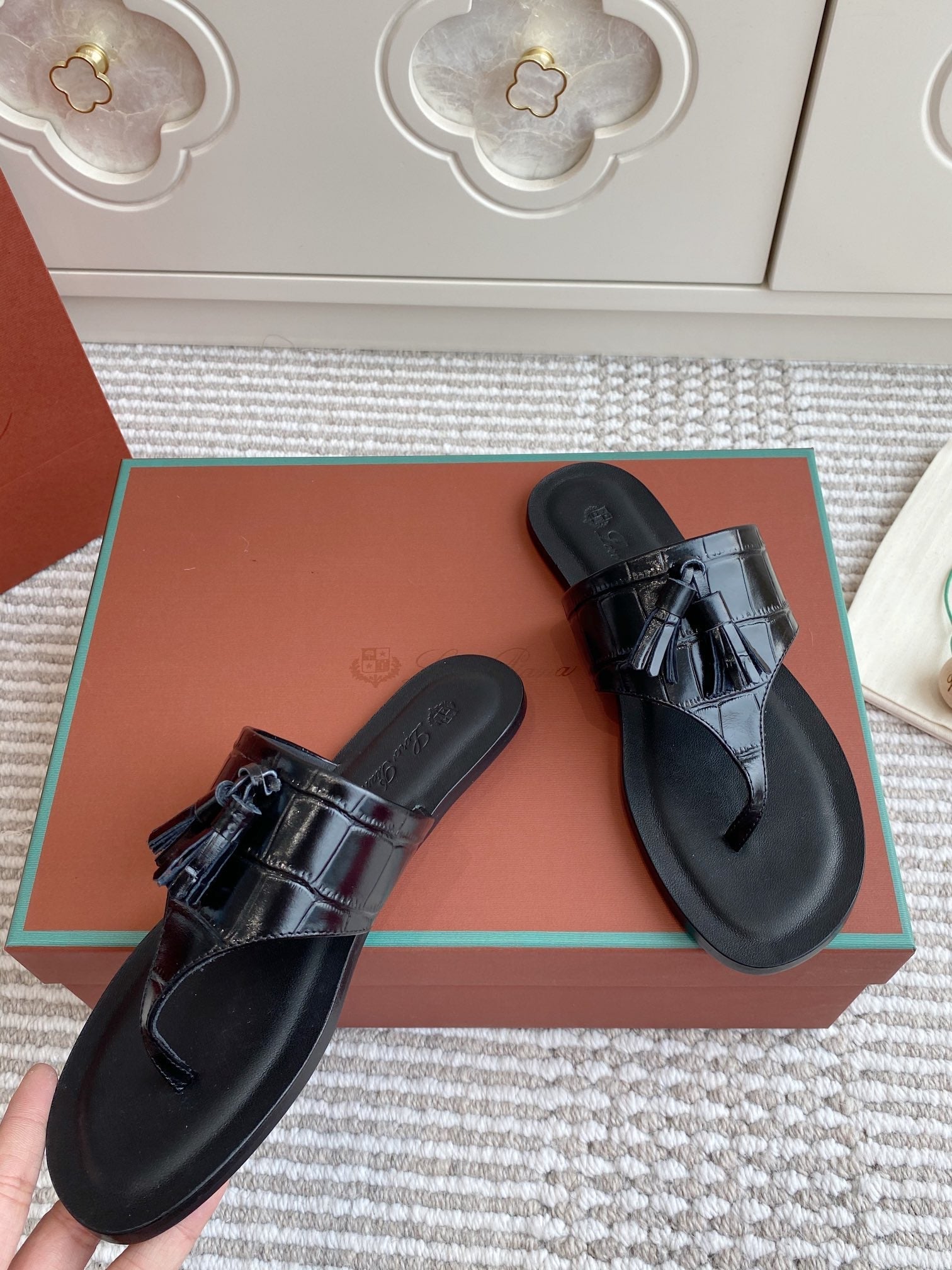 LP Flip Flops In Black Lambskin Snake Embossing