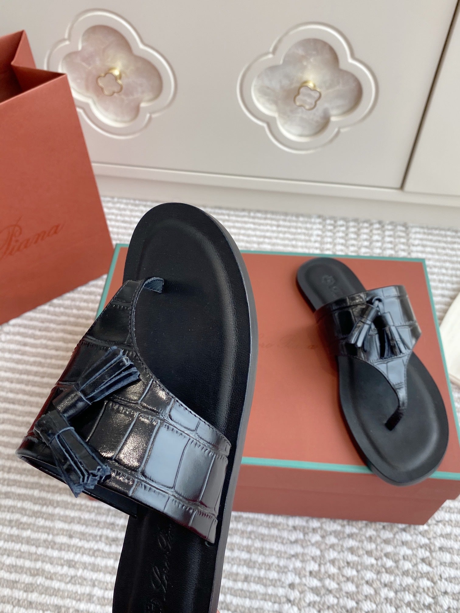 LP Flip Flops In Black Lambskin Snake Embossing