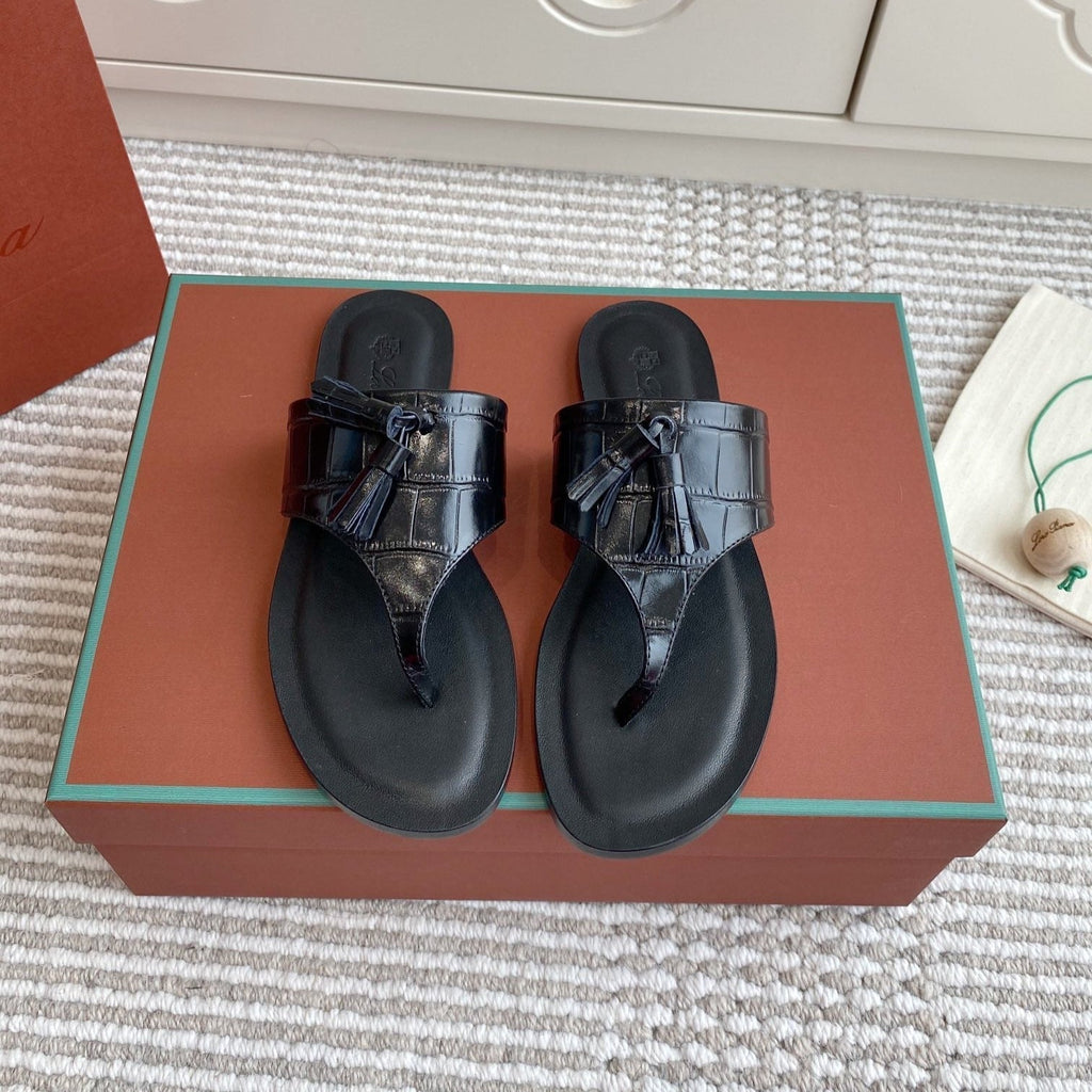 LP Flip Flops In Black Lambskin Snake Embossing