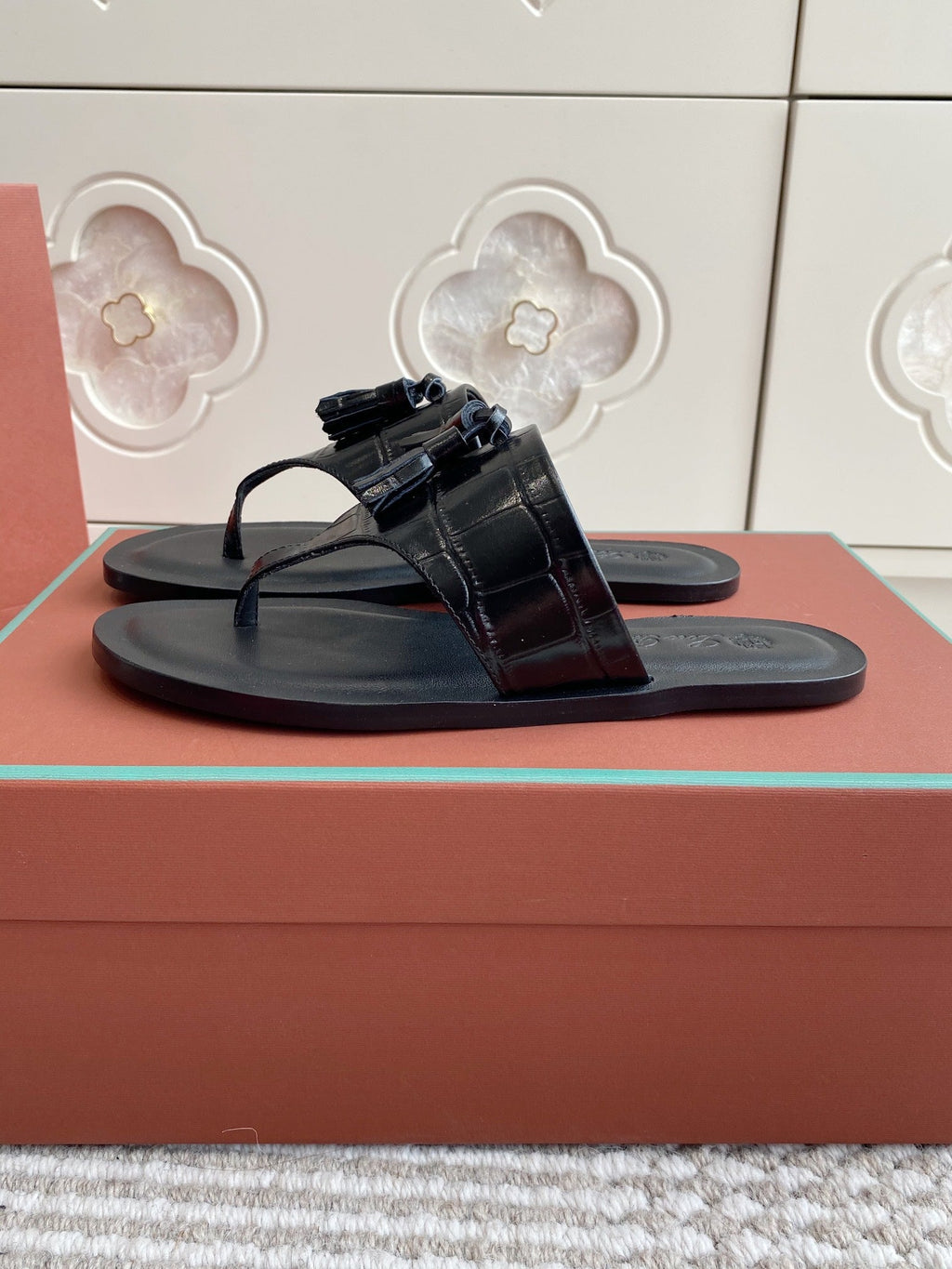 LP Flip Flops In Black Lambskin Snake Embossing