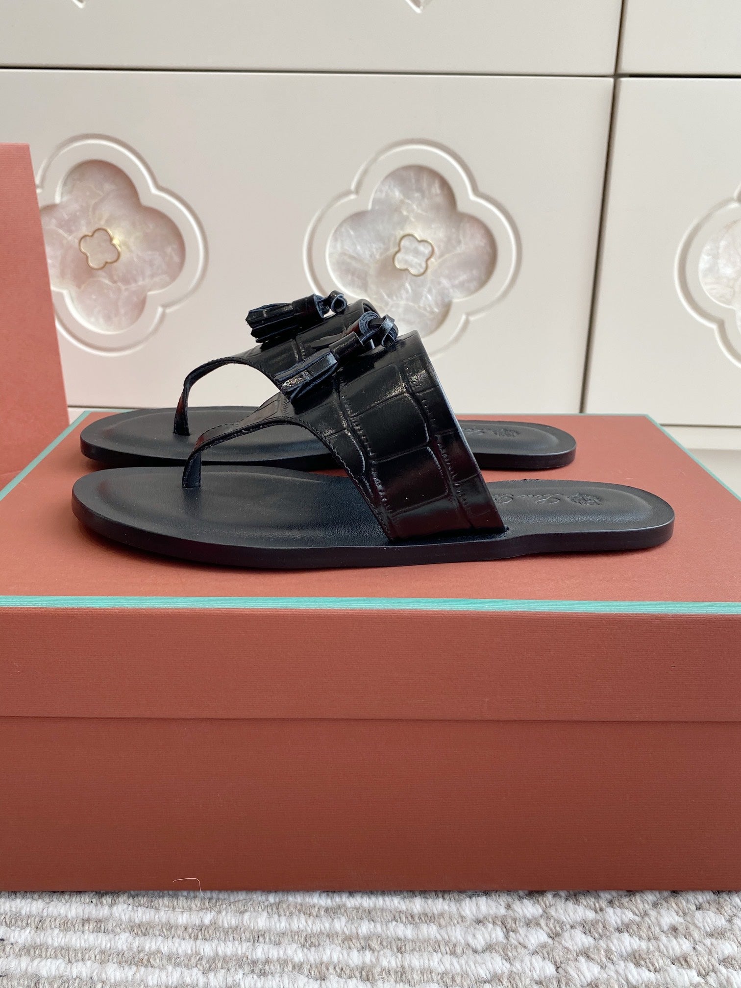 LP Flip Flops In Black Lambskin Snake Embossing